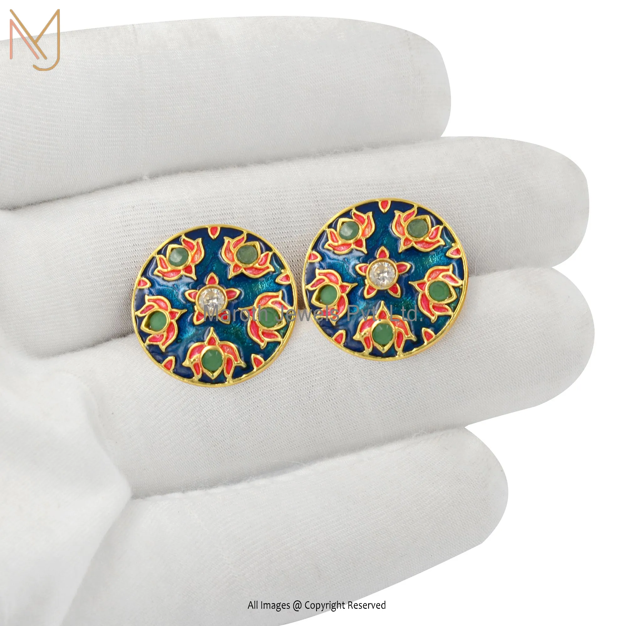 14K Yellow Gold Diamond Multi Enamel Color Cufflinks Jewelry Manufacturer