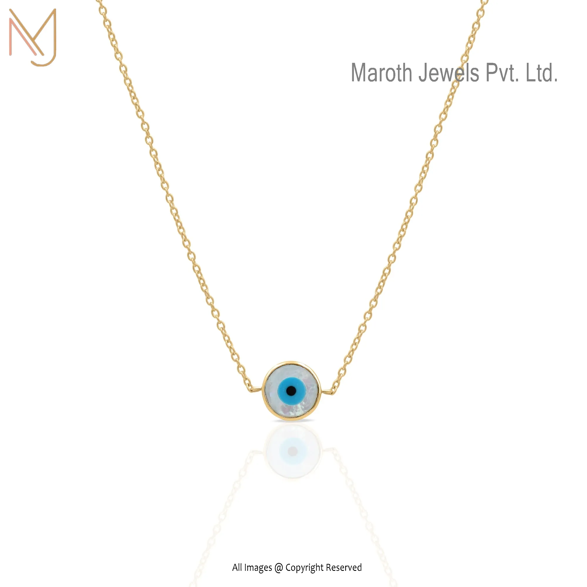 Wholesale 14k Yellow Gold Mother Of Pearl & Enamel Evil Eye Pendant Chain Necklace