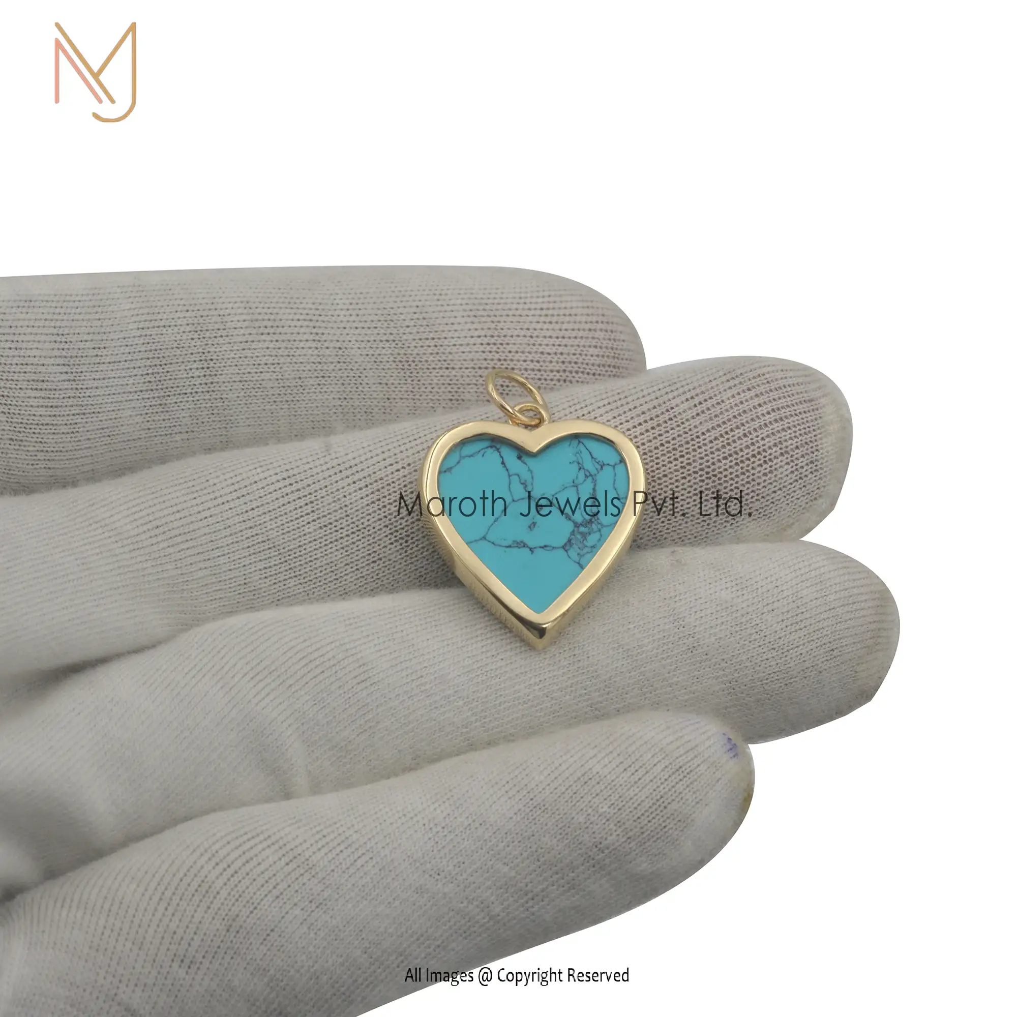 14K Yellow Gold Turquoise Heart Pendant Custom Jewelry