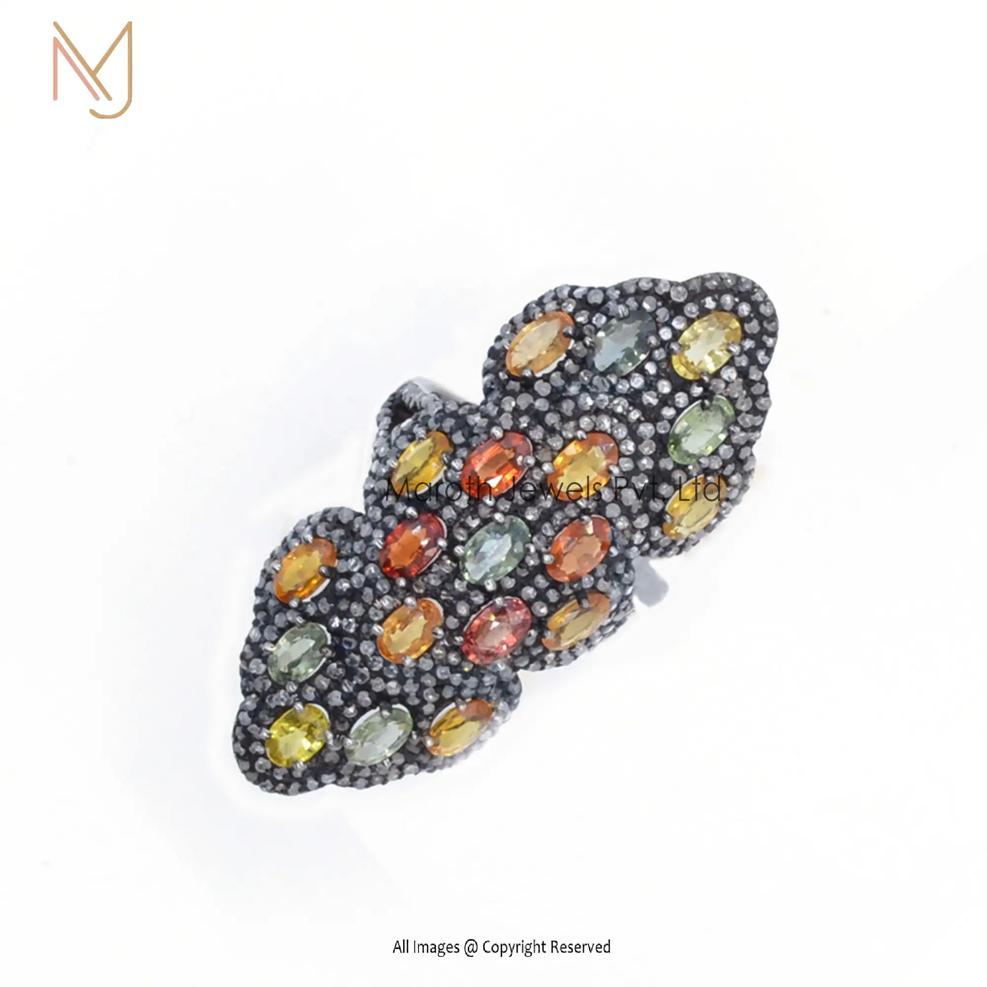 925 Silver Rhodium Plated Pave Diamond Multi Sapphire Ring Manufacturer