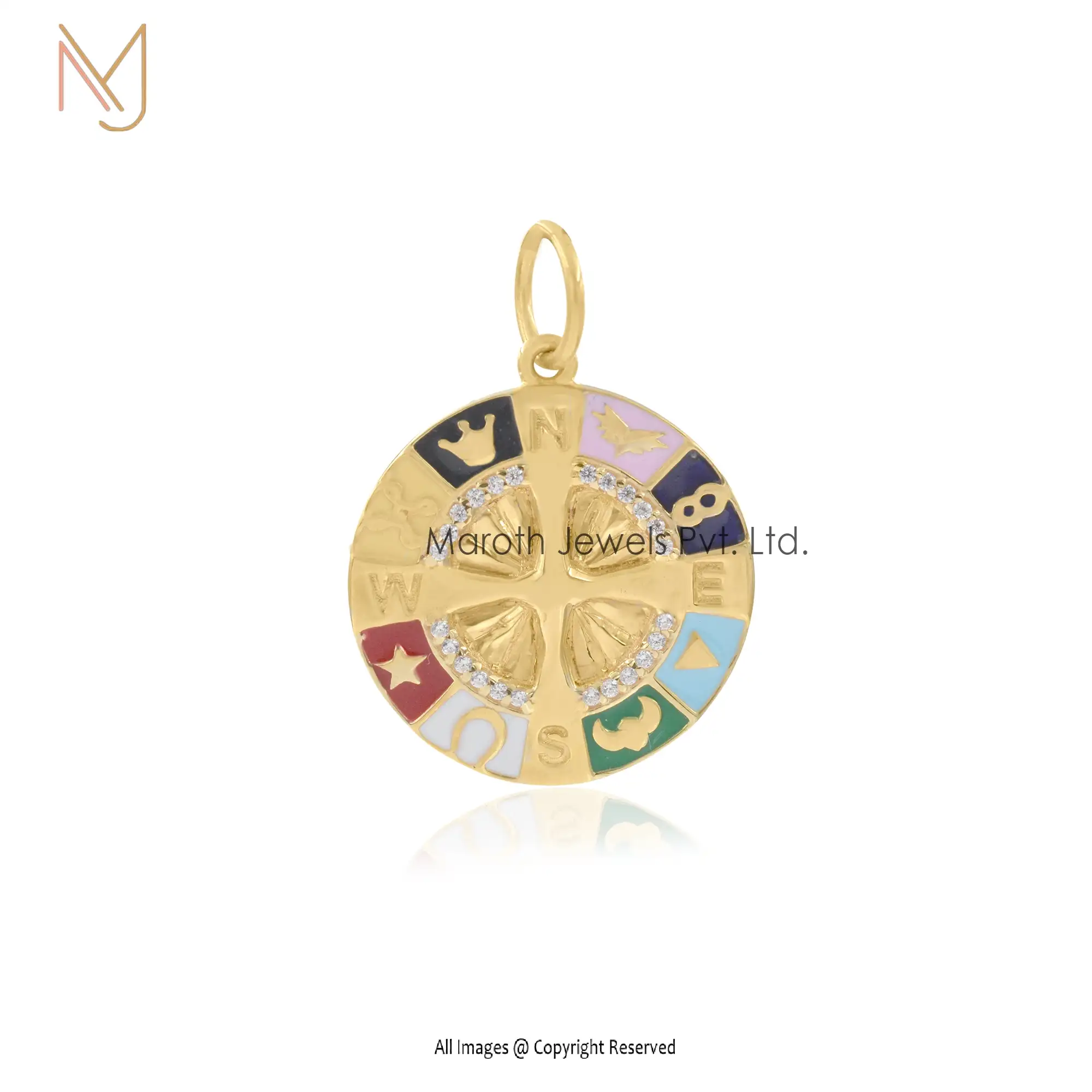 Wholesale 925 Silver Yellow Gold Plated CZ Compass Multi Enamel Pendant Jewelry