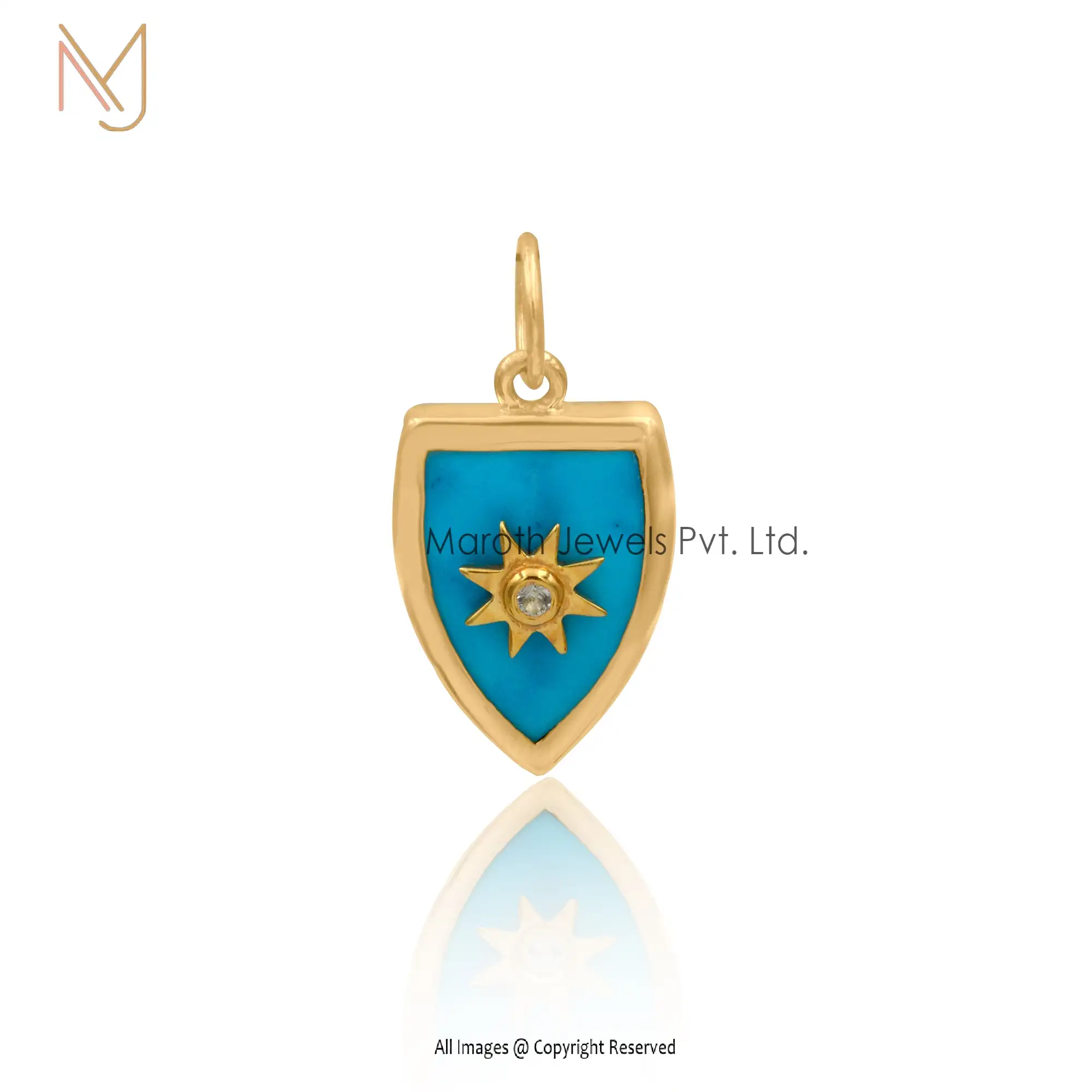 925 Silver Yellow Gold Turquoise & White Topaz Shield Pendant Jewelry Supplier