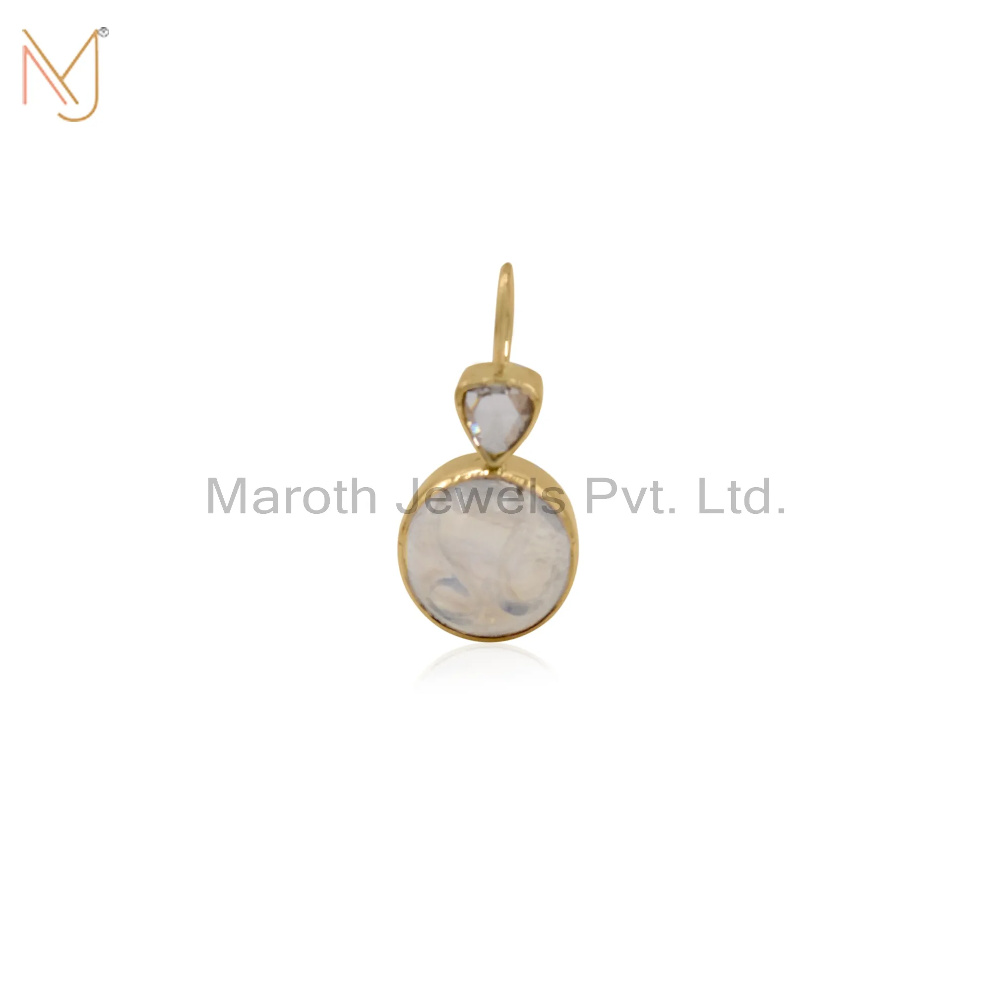 925 Silver Gold Rose cut diamond with Rainbow Moonstone Bezel Pendant Custom Jewelry