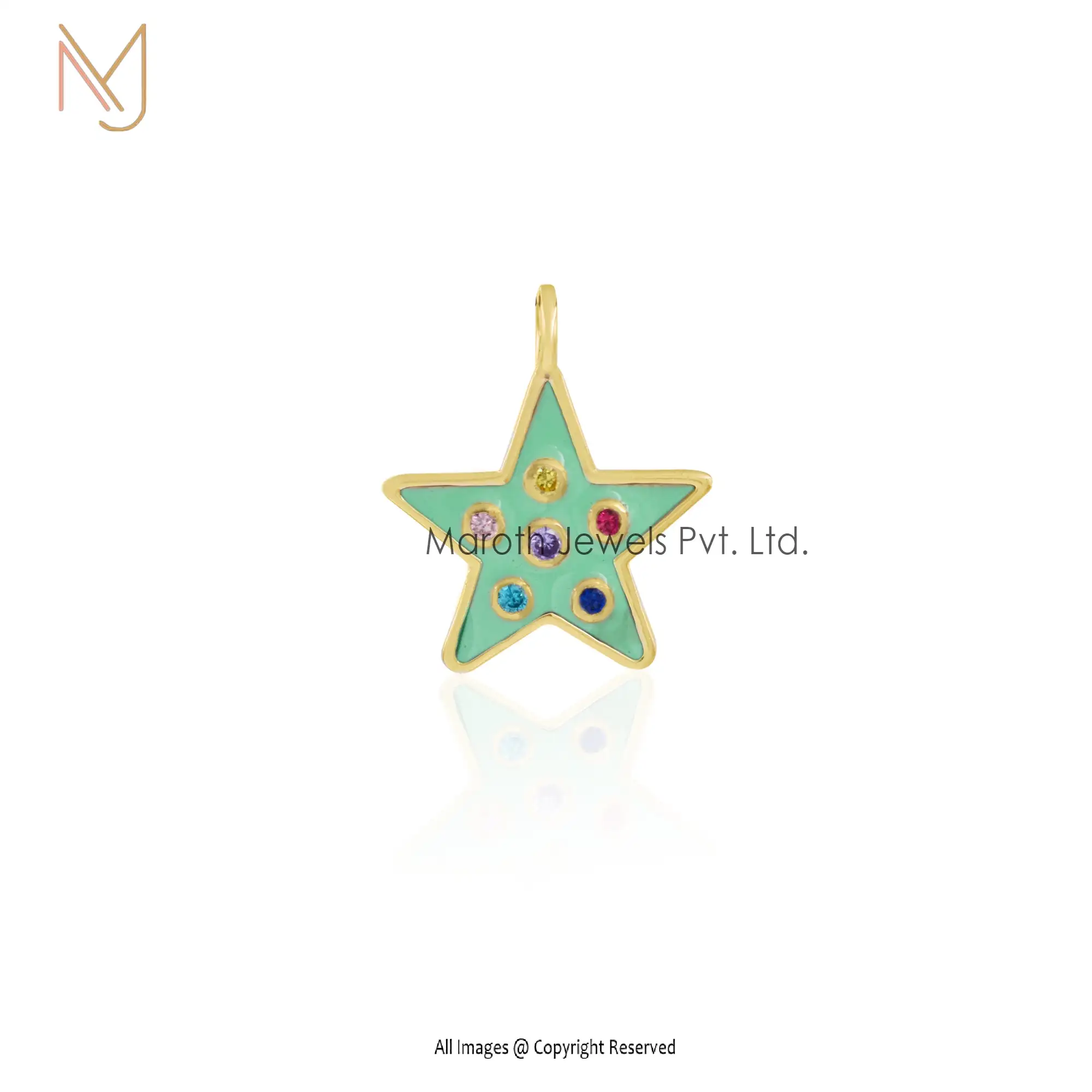 925 Silver Yellow Gold Green Enamel & Multi Gemstone Star Pendant Jewelry Manufacturer