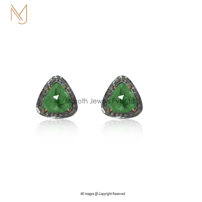 925 Silver Yellow Rhodium Plated Pave Diamond Emerald Gemstone Stud Earring Jewelry Supplier