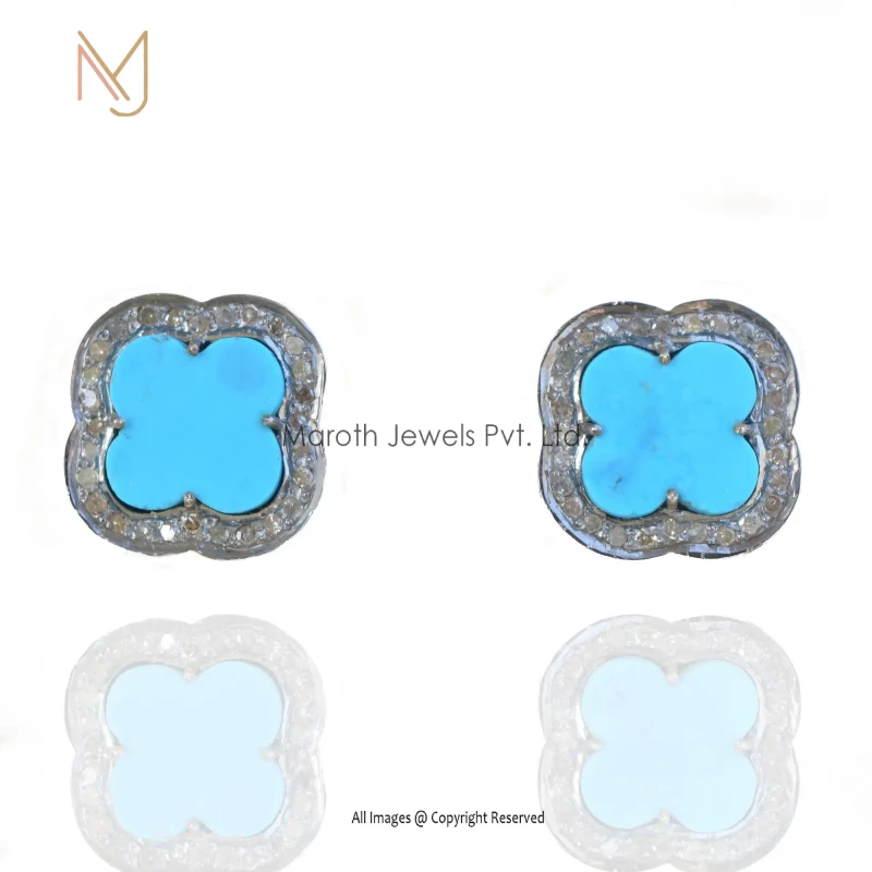 925 Silver Pave Diamond And Turquoise Gemstone Clover Tiny Studs Manufacturer