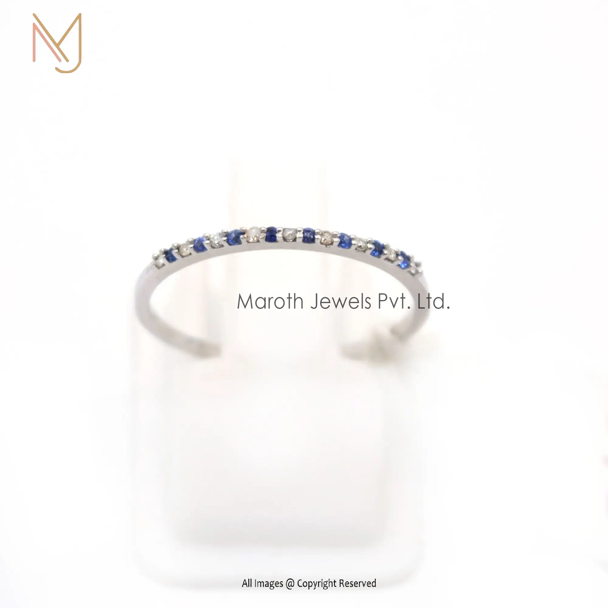 Private Label 925 Silver White Gold Plated Diamond Blue Sapphire Ring