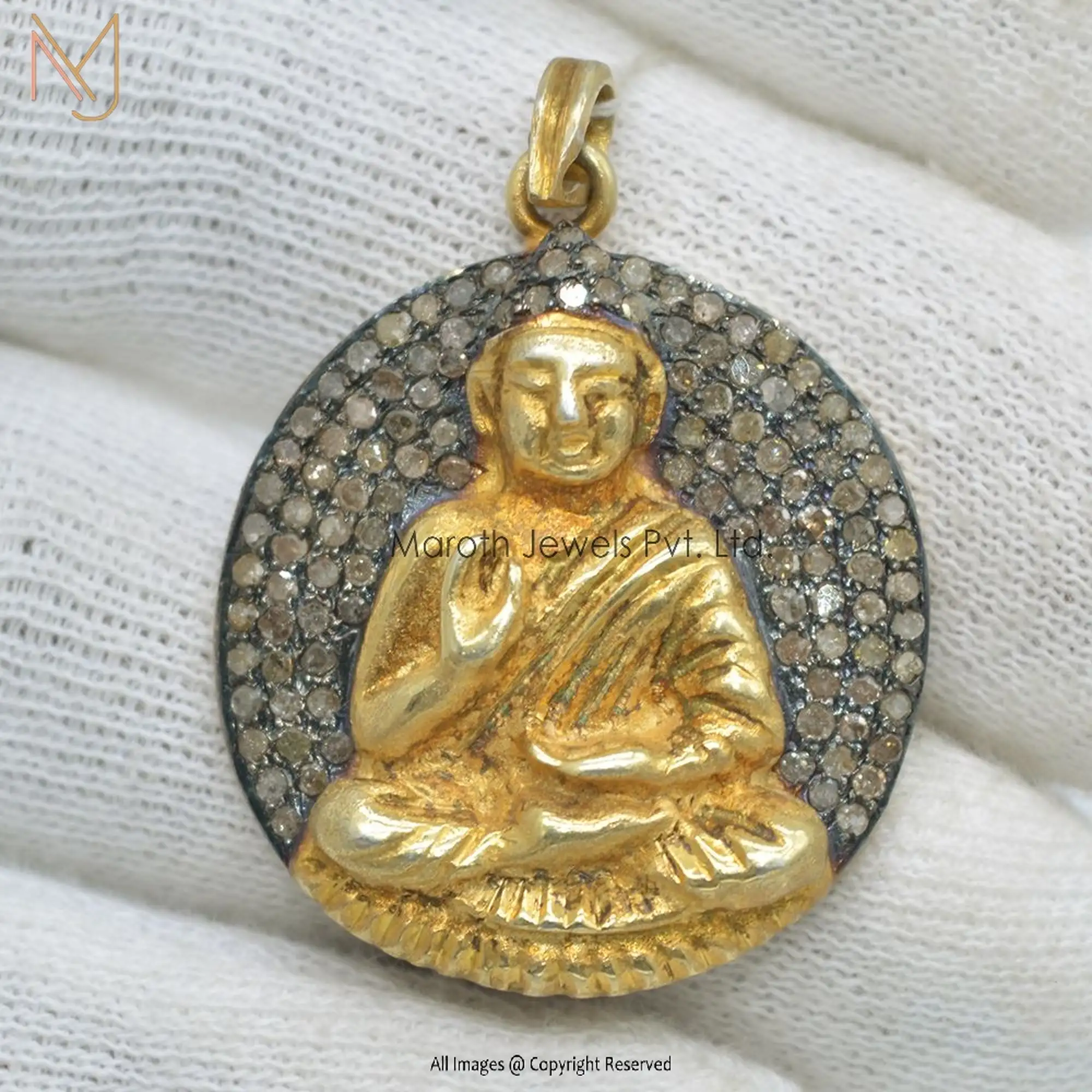 925 Silver Yellow Gold Black Rhodium Pave Diamond Buddha Pendant USA