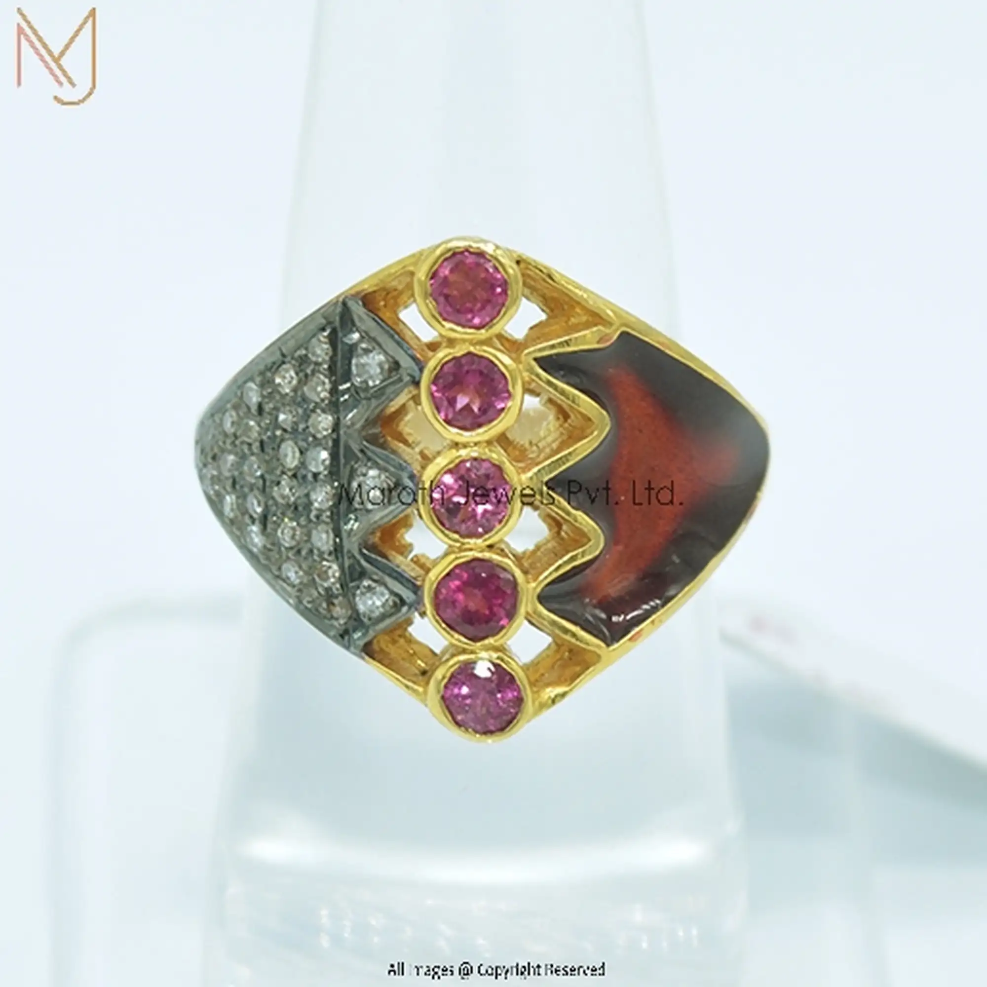 925 Silver Rhodium Yellow Gold Pave Diamond Pink Tourmaline Gemstone Enamel Ring Manufacturer