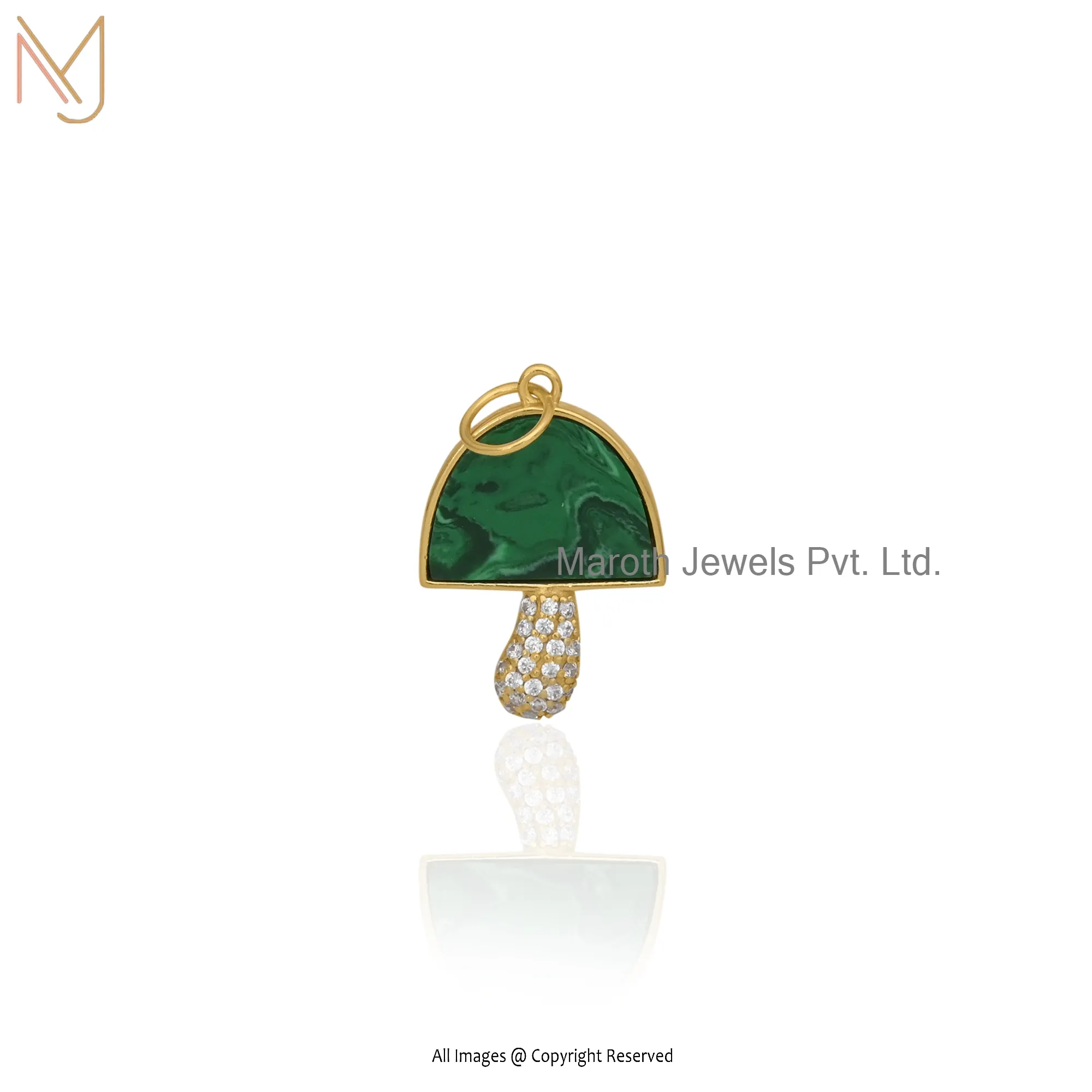 14K Yellow Gold Malachite And Moissanite Mushroom Pendant Custom Jewelry