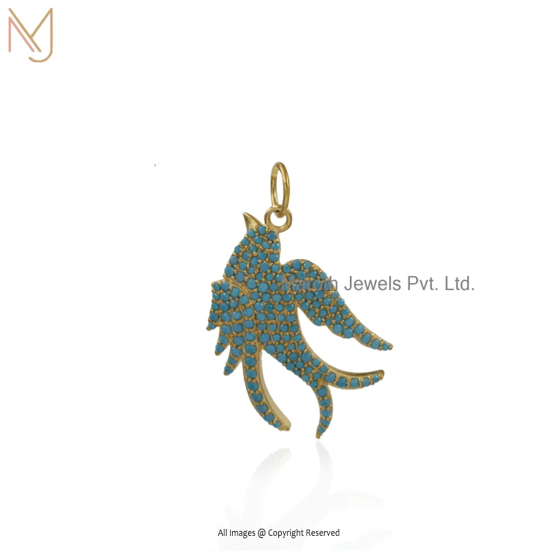 14K Yellow Gold Diamond Cubic Zircon & Turquoise Swallow Bird Pendant USA