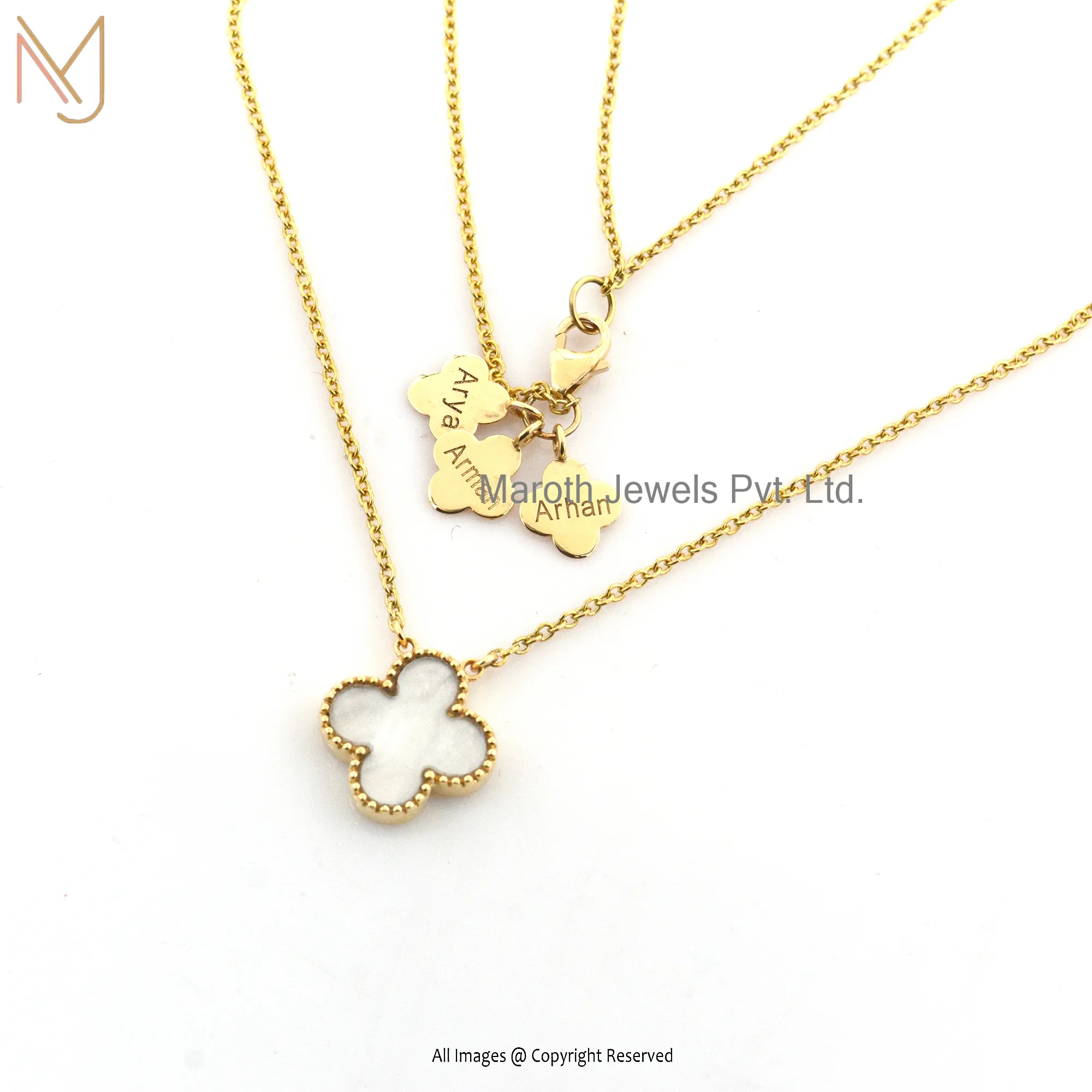 14k Yellow Gold Mother Of Pearl Clover Pendant Necklace Manufacturer