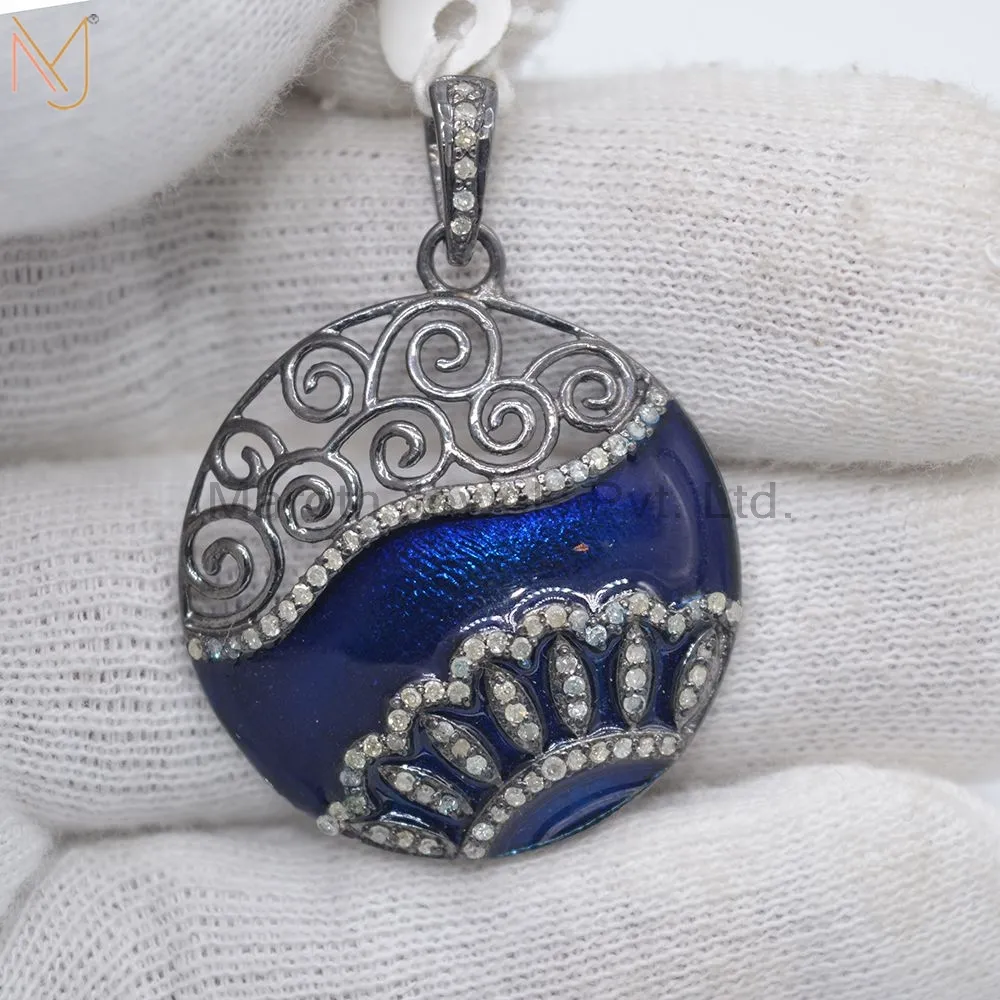 925 Silver Black Rhodium Pave Diamond Blue Enamel Designer Pendant Jewelry USA