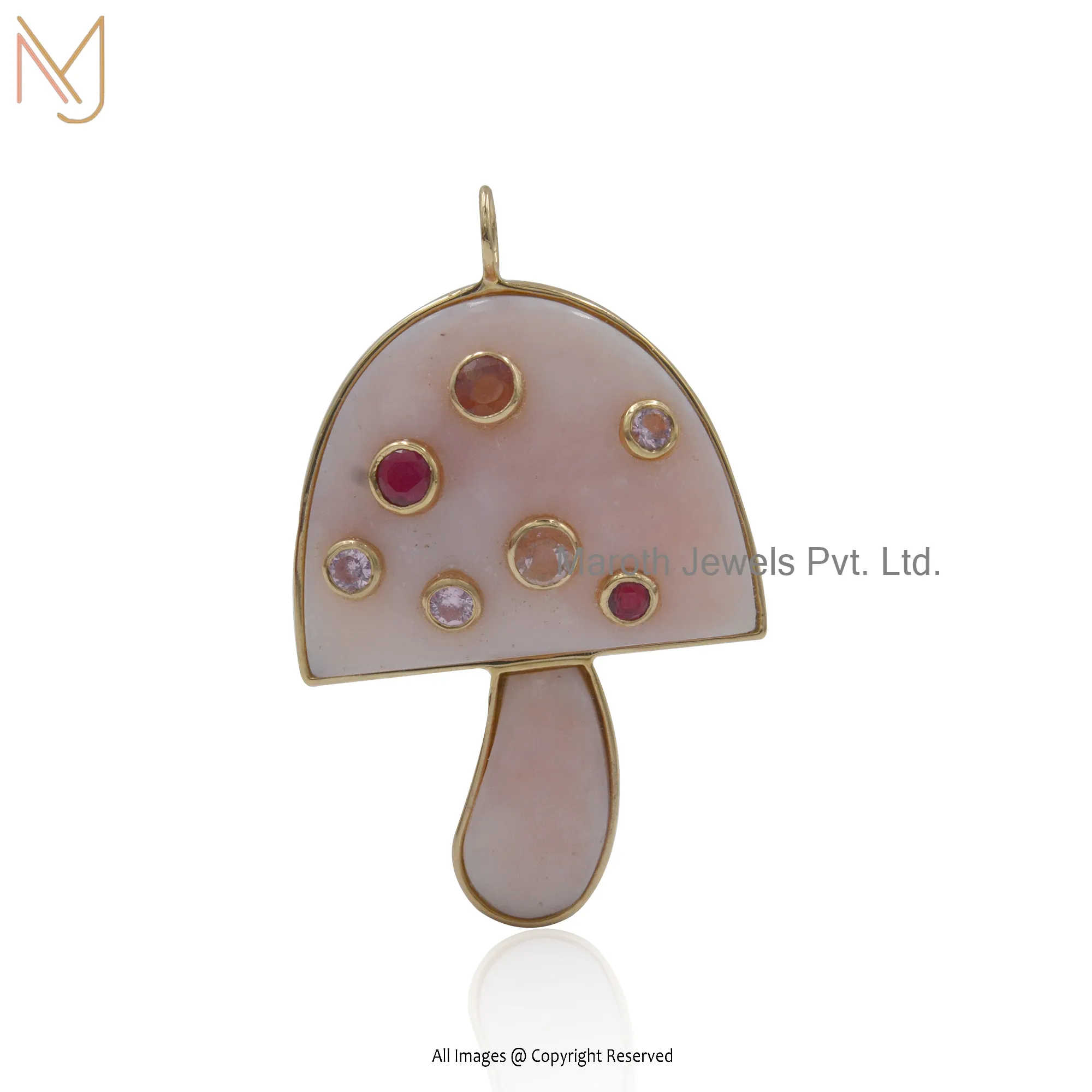 Wholesale 14K Yellow Gold Pink Opal & Light & Pink Sapphire Mushroom Pendant Jewelry