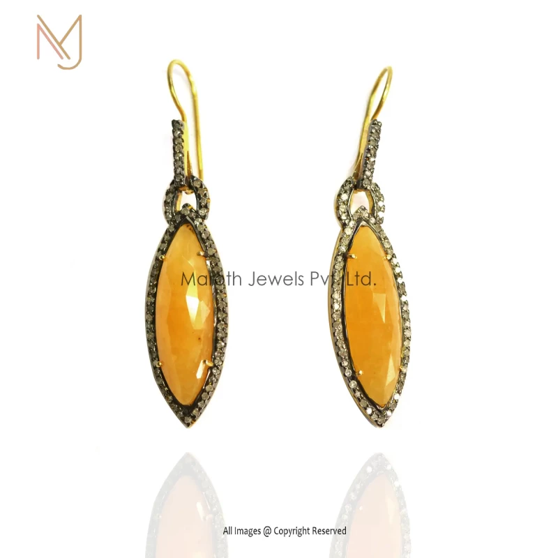 925 Silver Pave Diamond And Yellow Sapphire Gemstone Dangle Earring Custom Jewelry