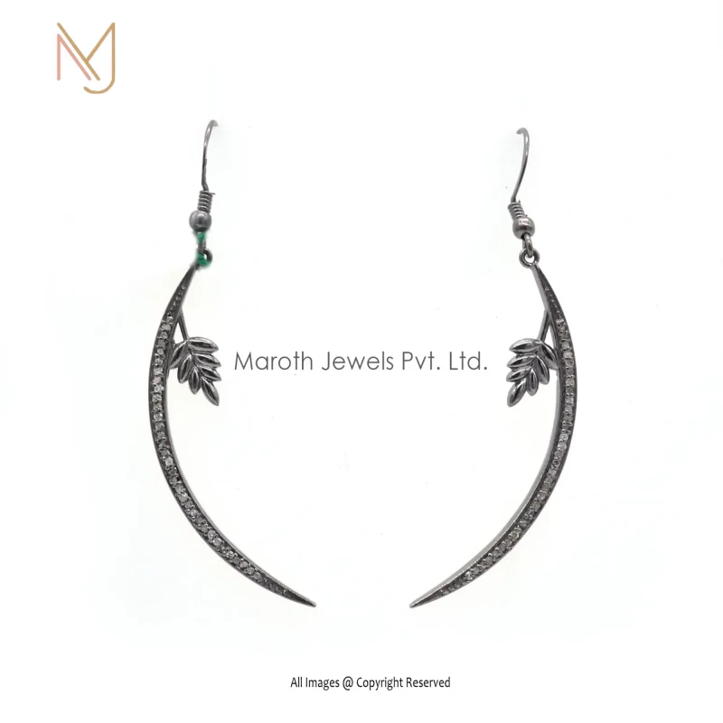 925 Silver Rhodium Plated Pave Diamond Dangle Crescent Moon & Leaf Earring Jewelry Supplier