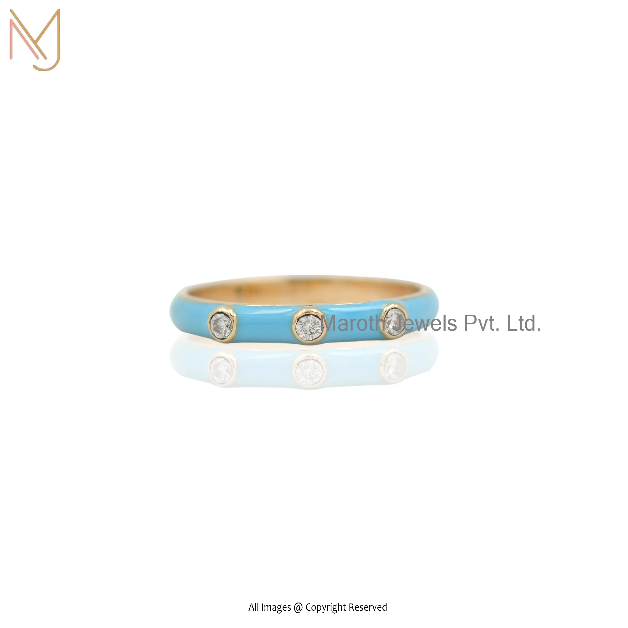 14K Yellow Gold 3 Lab Diamond Enamel Turquoise Blue Beads Ring Manufacturer