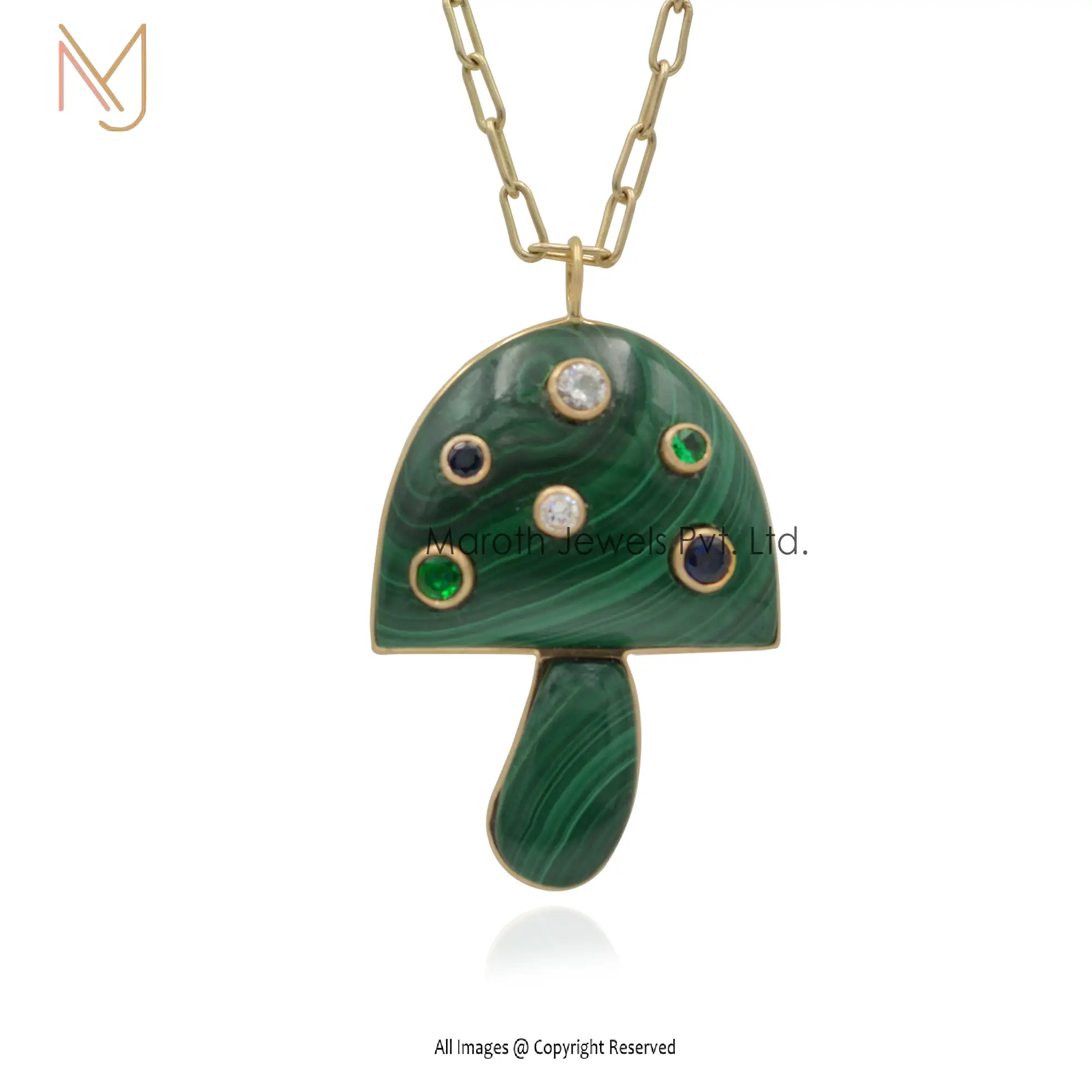 14K Yellow Gold Big Stone & Small Stone Malachite Or Round Stone Mixed Blue Green White Stone Mushroom Pendant Manufacturer