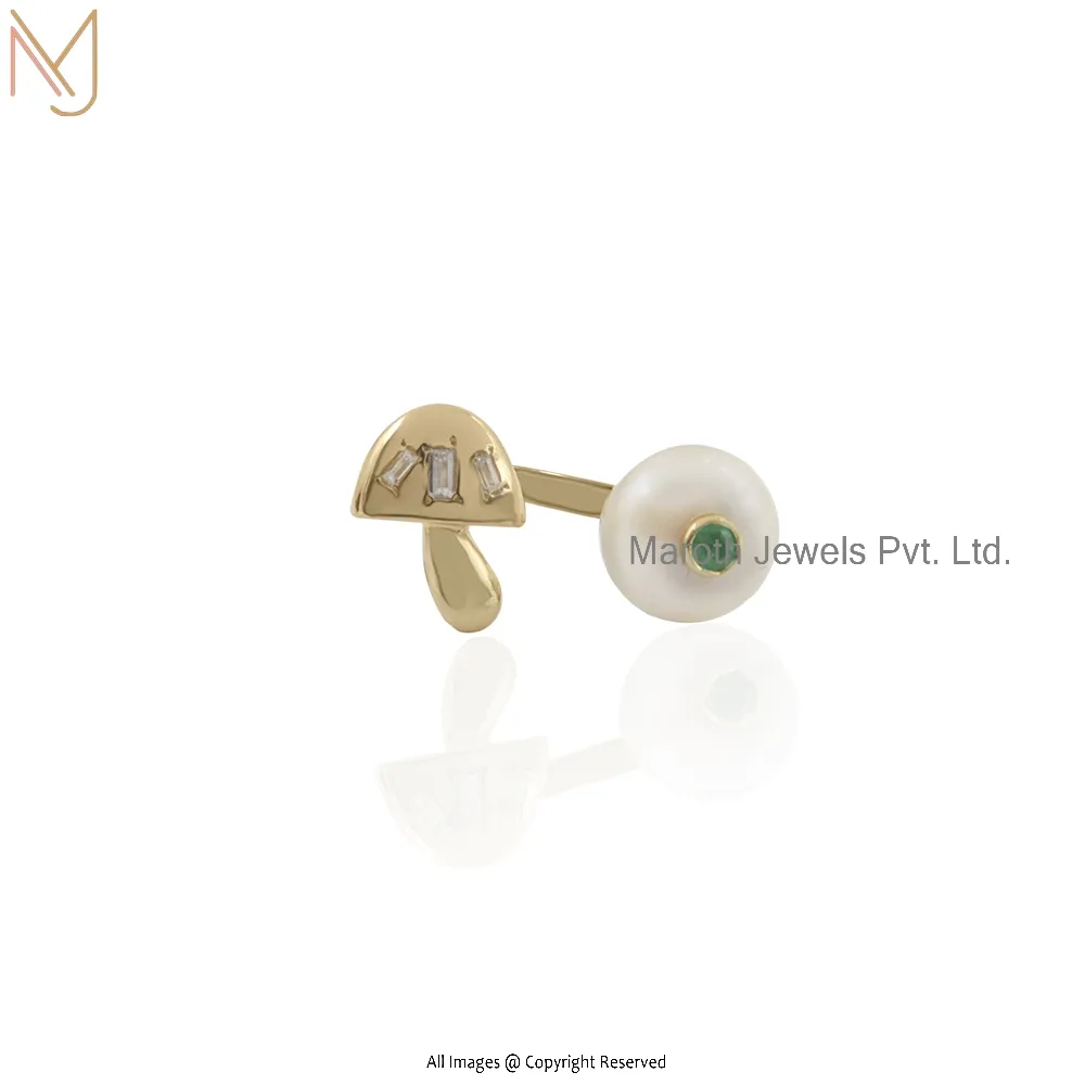 Private Label 14K Yellow Gold White Topaz Baguettes & Emerald or Pearl Mushroom Cuff Ring