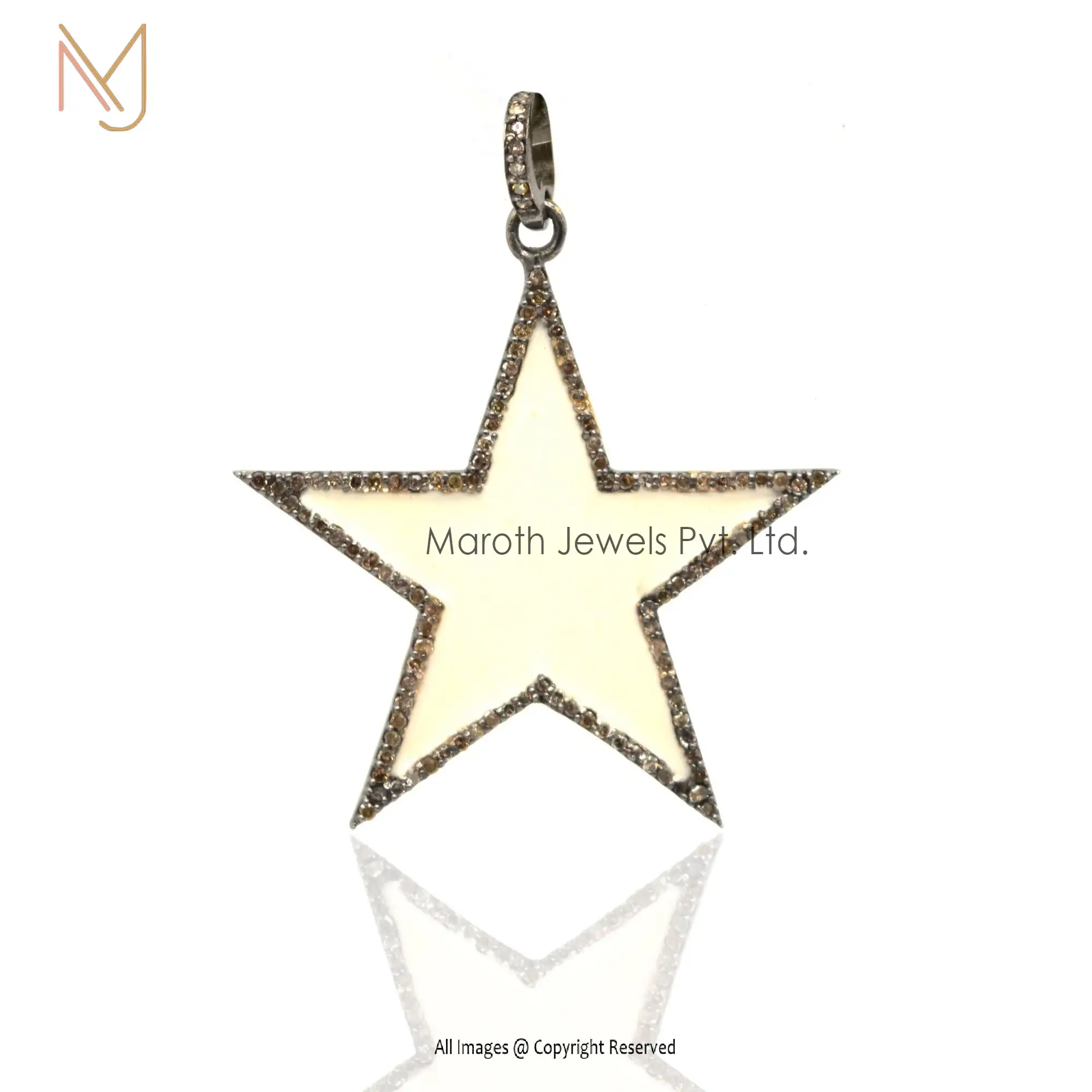 925 Silver Rhodium Plated White Enamel Pave Diamond Star Pendant USA