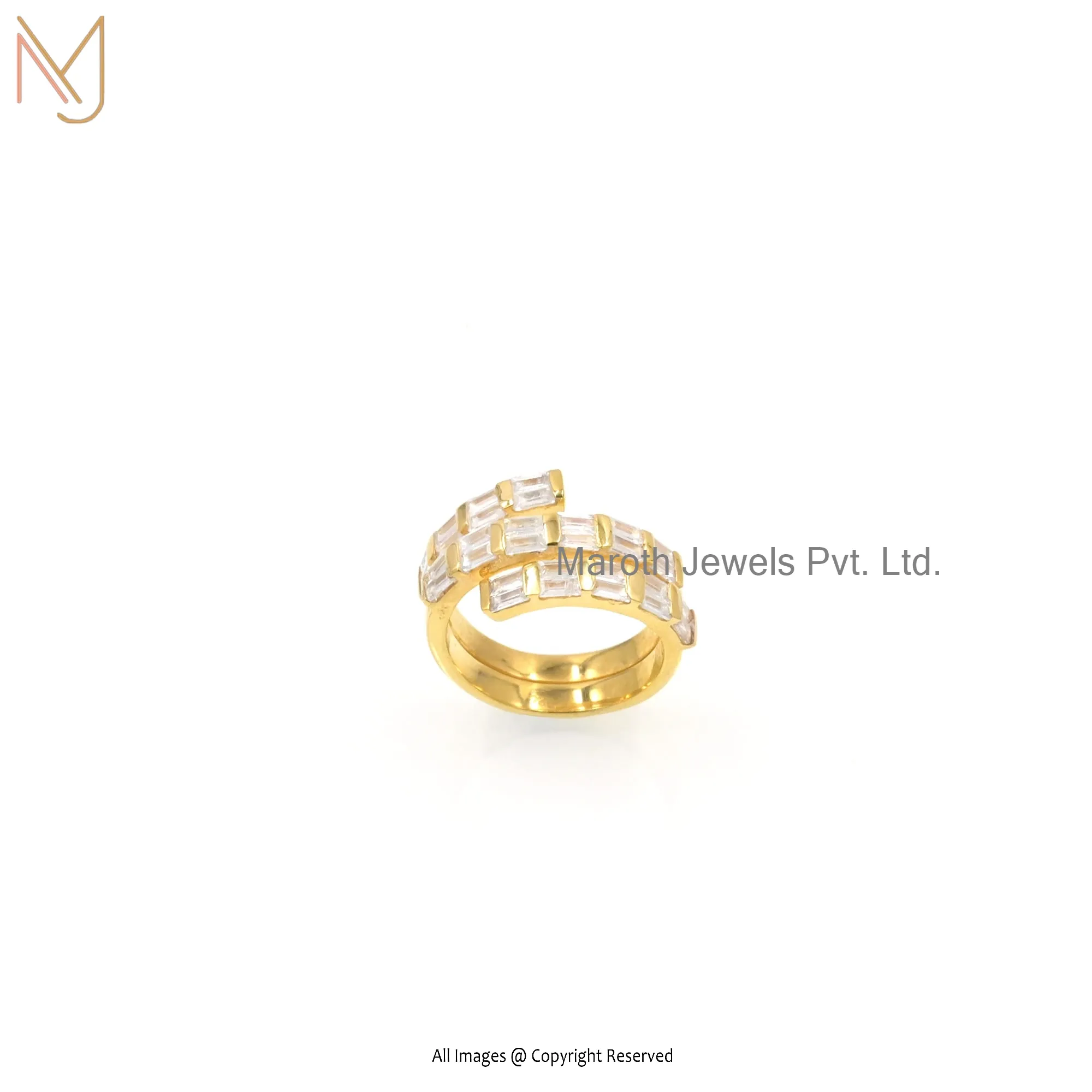 925 Silver Yellow Gold Plated White Topaz Baguette Ring Jewelry Supplier