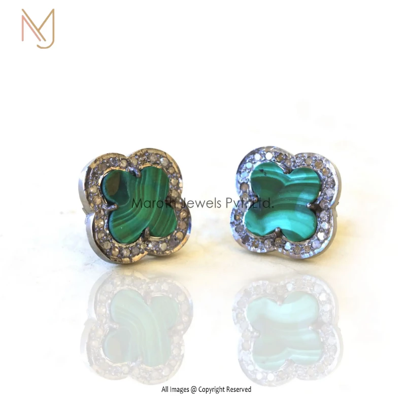 925 Silver Rhodium Plated Pave Diamond, Malachite Gemstone Clover Tiny Studs Custom Jewelry