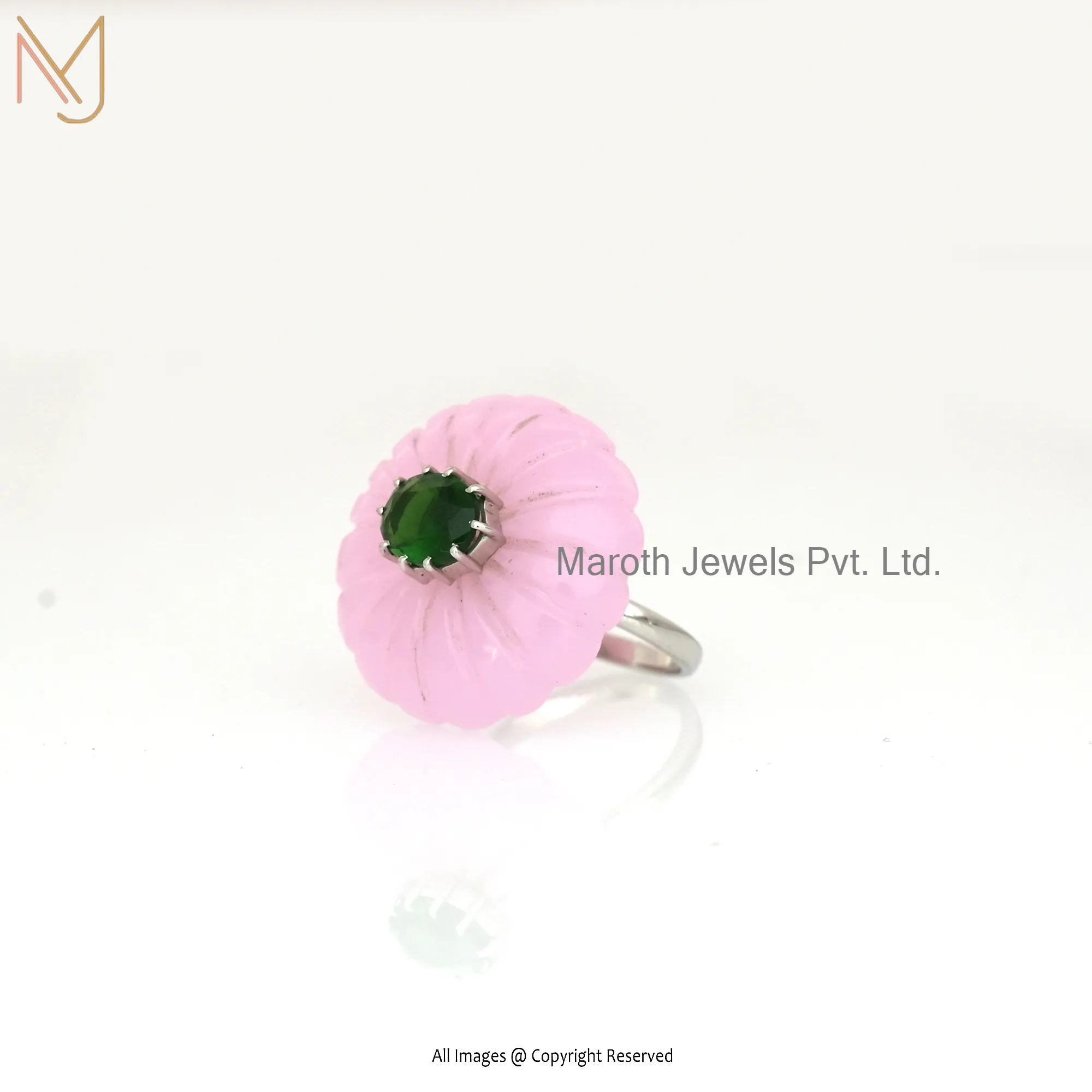 Wholesale 14K White Gold Rose Quartz & Green CZ Flower Ring