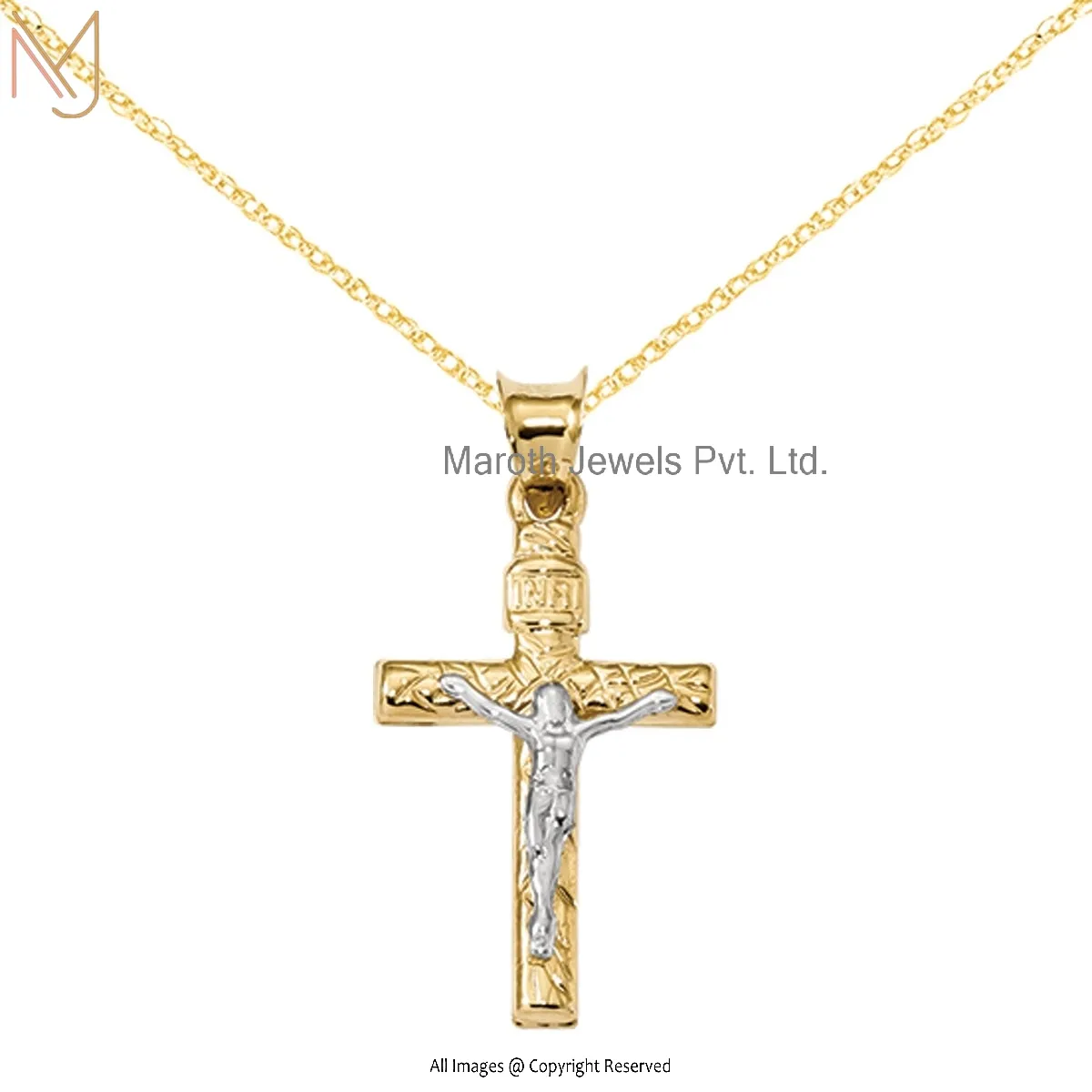 925 Silver Two-Tone Gold Polished Crucifix And Textured Pendant With Cable Rope Chain By Versil Necklace USA