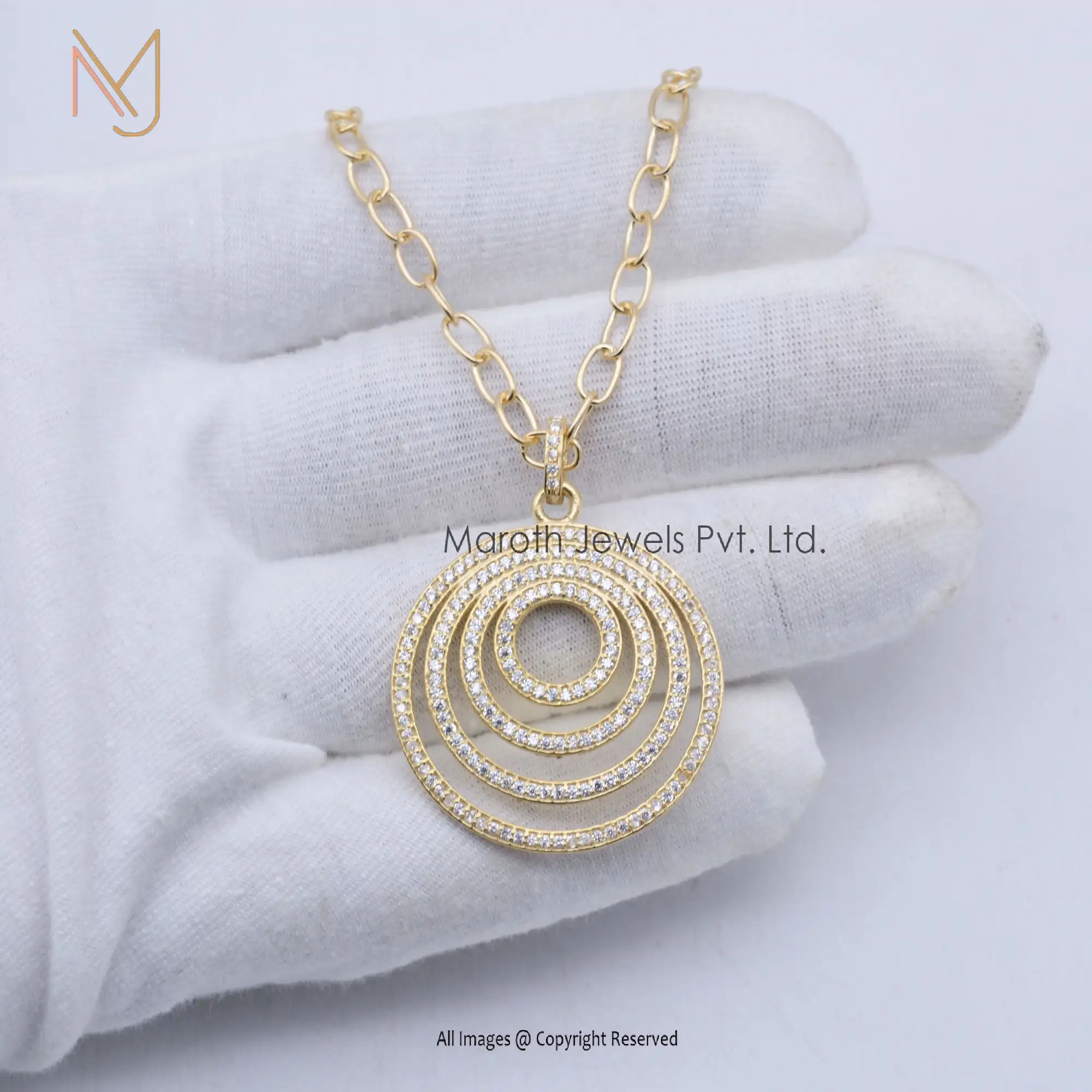 Private Lable 14K Yellow Gold CZ Layered Circle Designer Pendant Jewelry