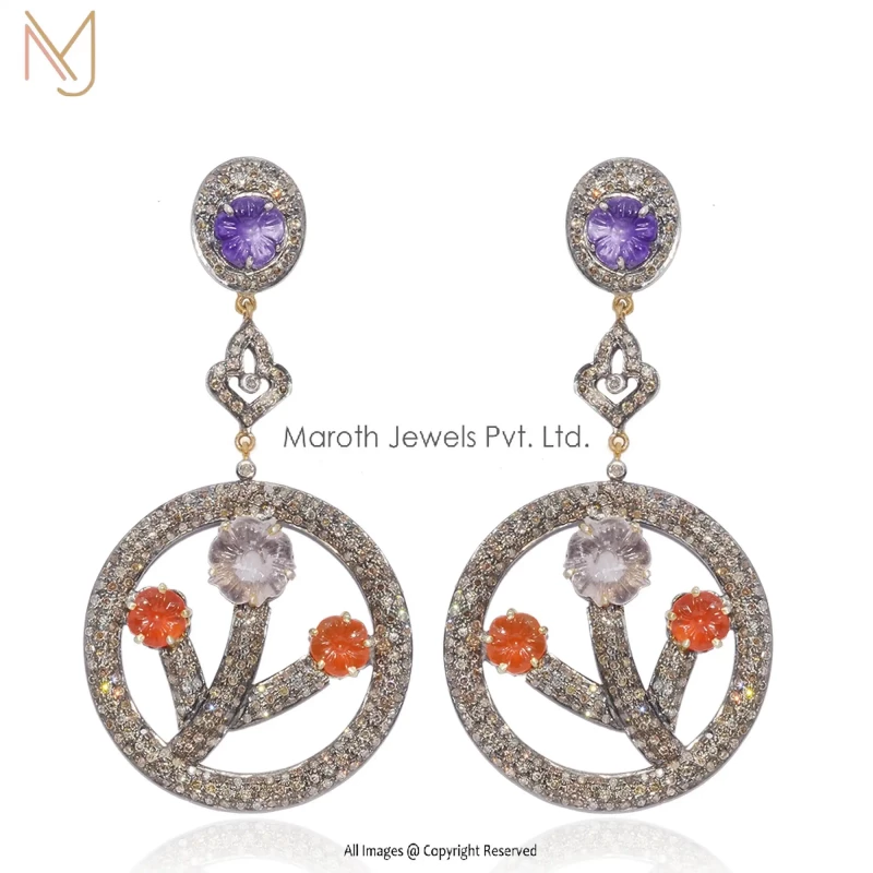 92.5 Silver Rhodium Yellow Gold Plated Pave Diamond Amethyst Pink Quartz Orange Sapphire Gemstone Earrings Jewelry Supplier