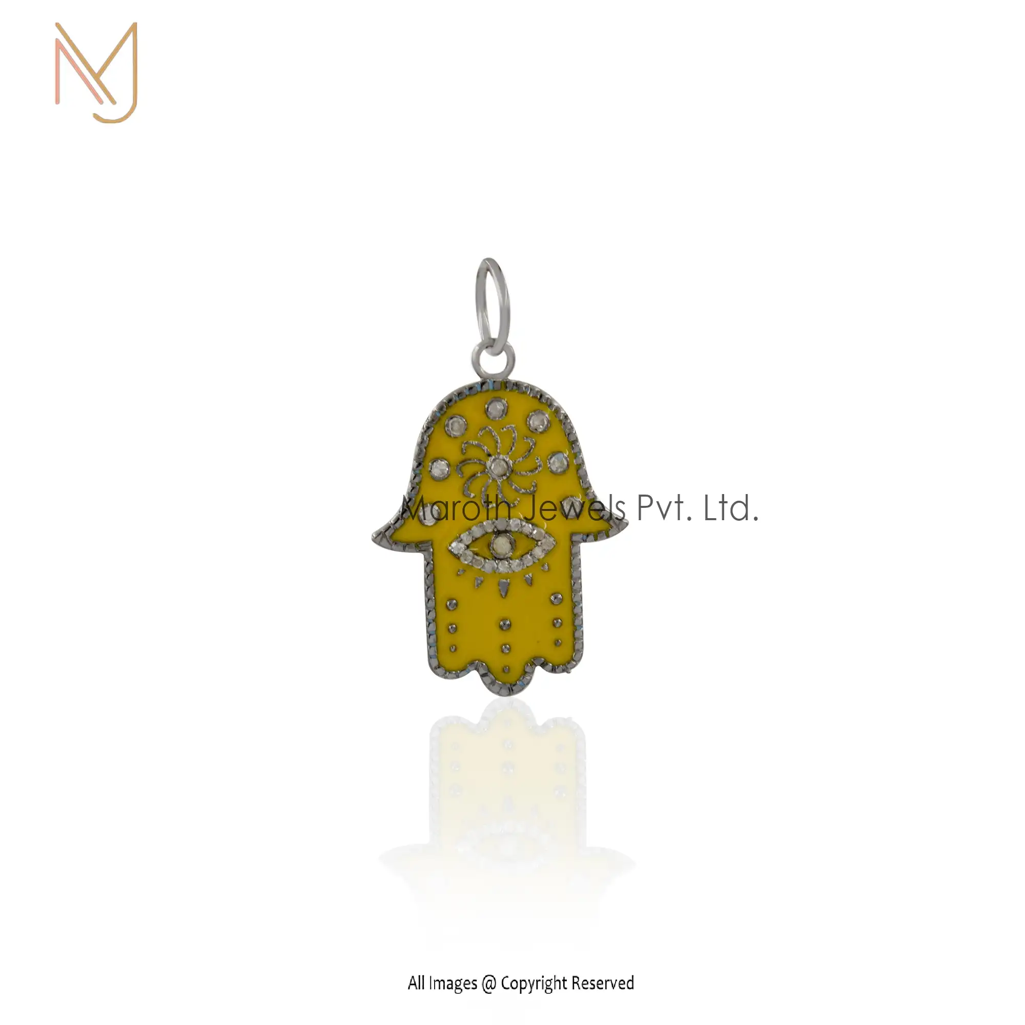 14K Yellow Gold Enamel Diamond Hamsa Hand Pendant Pink Enamel Manufacturer