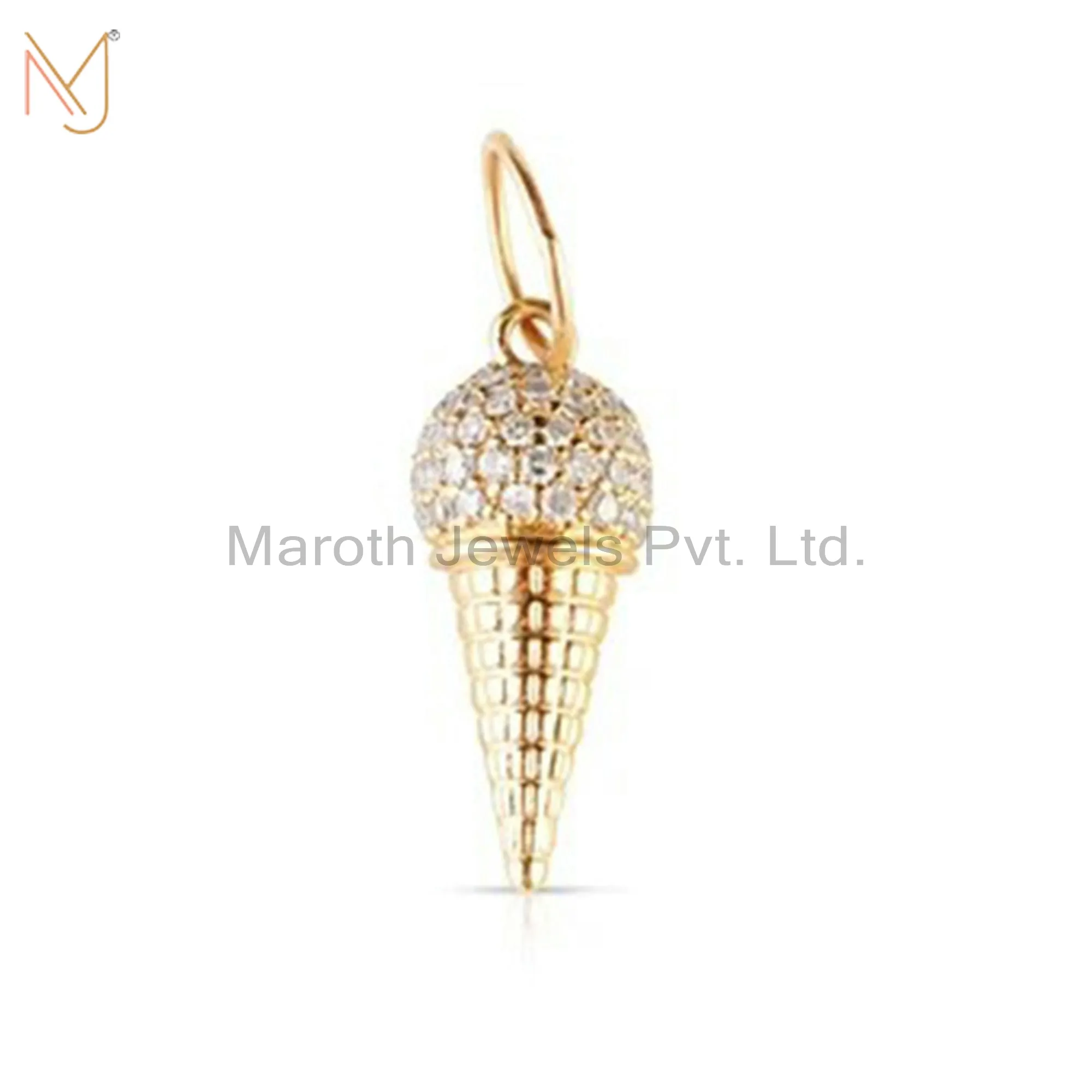 925 Silver Yellow Gold Pave Diamond Ice Cream Charms Cone Pendant Jewelry Supplier