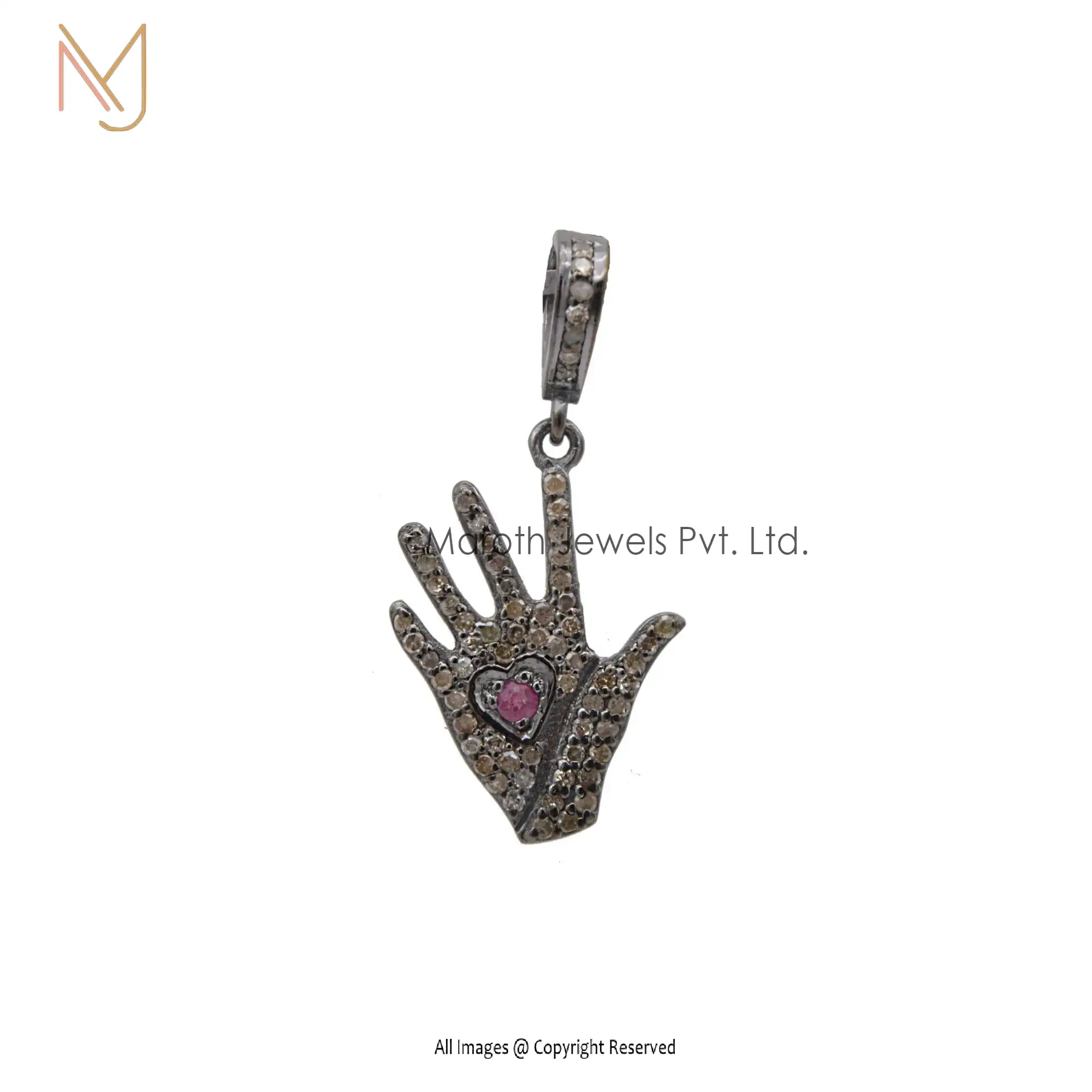 925 Silver Rhodium Diamond And Pink Sapphire Figa Hand Pendant Jewelry Supplier