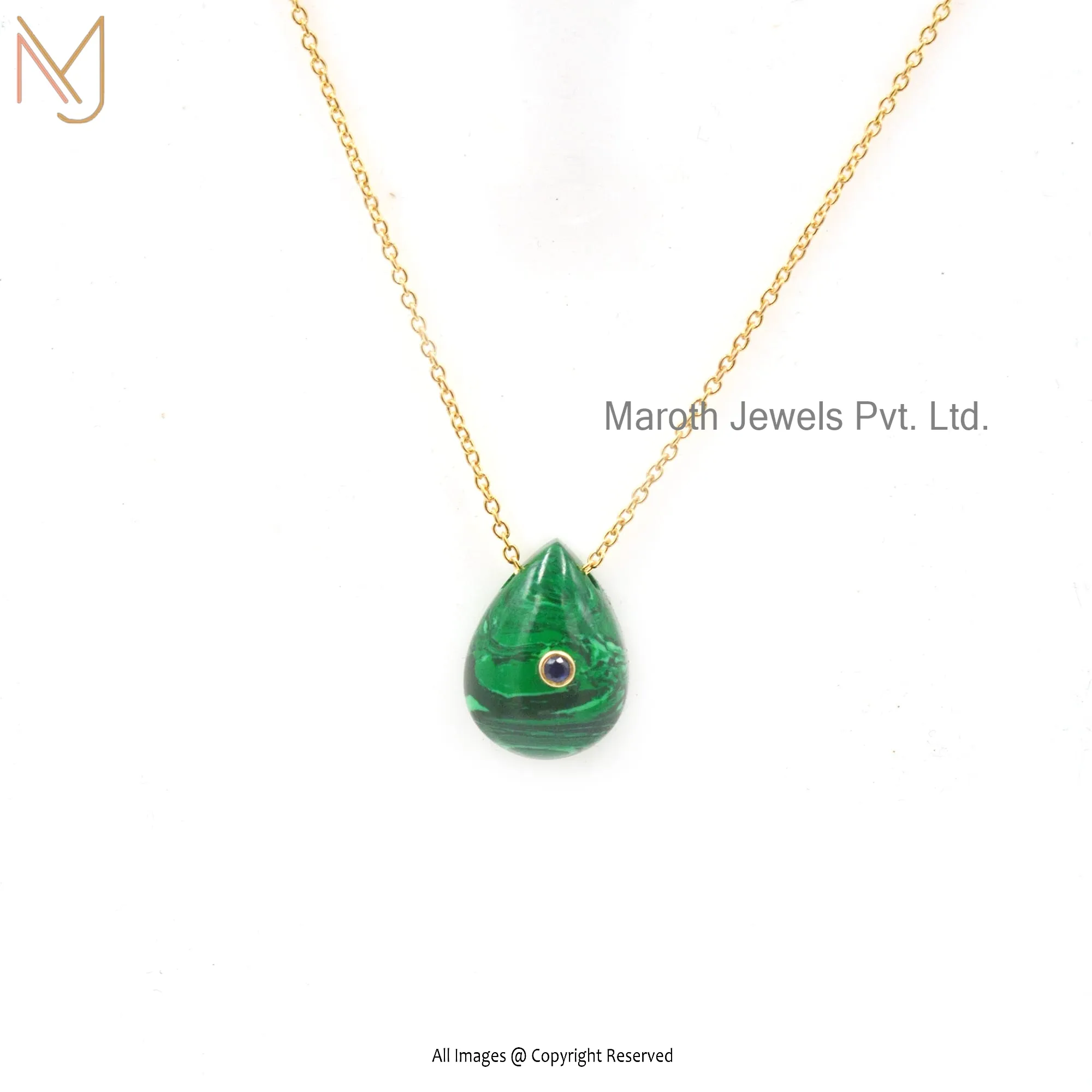 925 Silver Yellow Gold Plated Malachite & Blue CZ Gemstone Drop Necklace Manufacturer