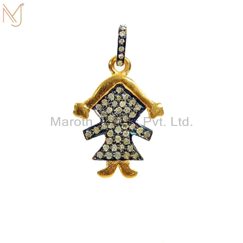 Wholesale 925 Sterling Silver Natural Silver Diamond Pave Small Doll Charm Pendant Handmade Jewelry