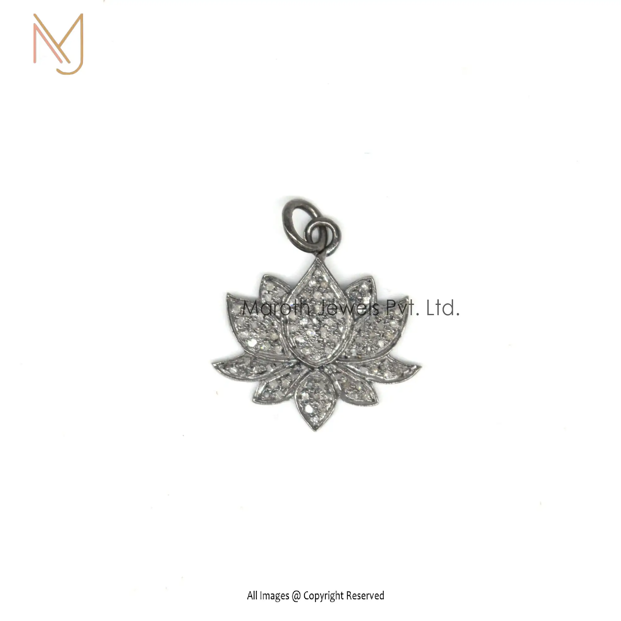 925 Silver Black Rhodium Plated Pave Diamond Lotus Flower Pendant USA