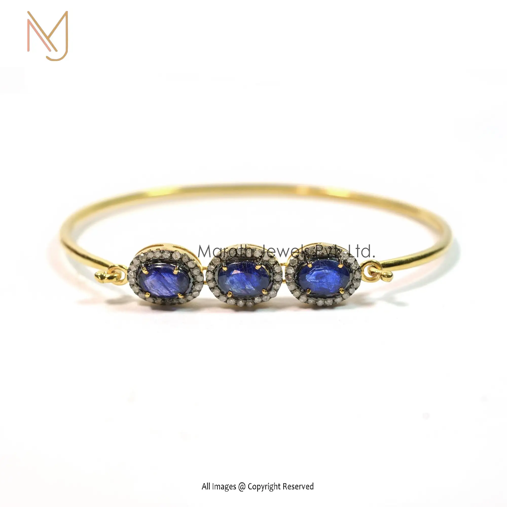 925 Silver Yellow Gold Pave Diamond Blue Sapphire Gemstone Bangle Jewelry Manufacturer