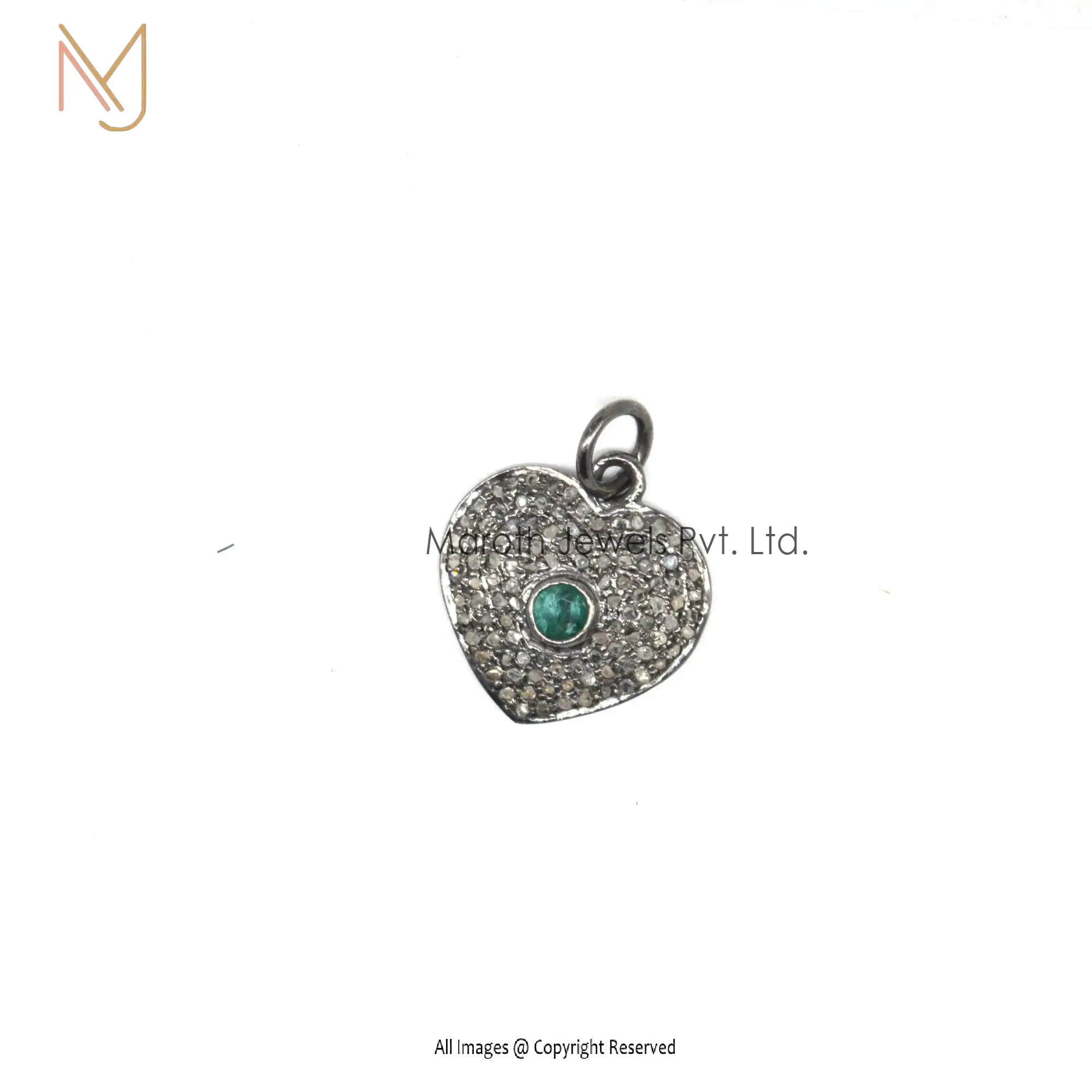 925 Silver Rhodium Pave Diamond And Emerald Gemstone Heart Charm Pendant Manufacturer