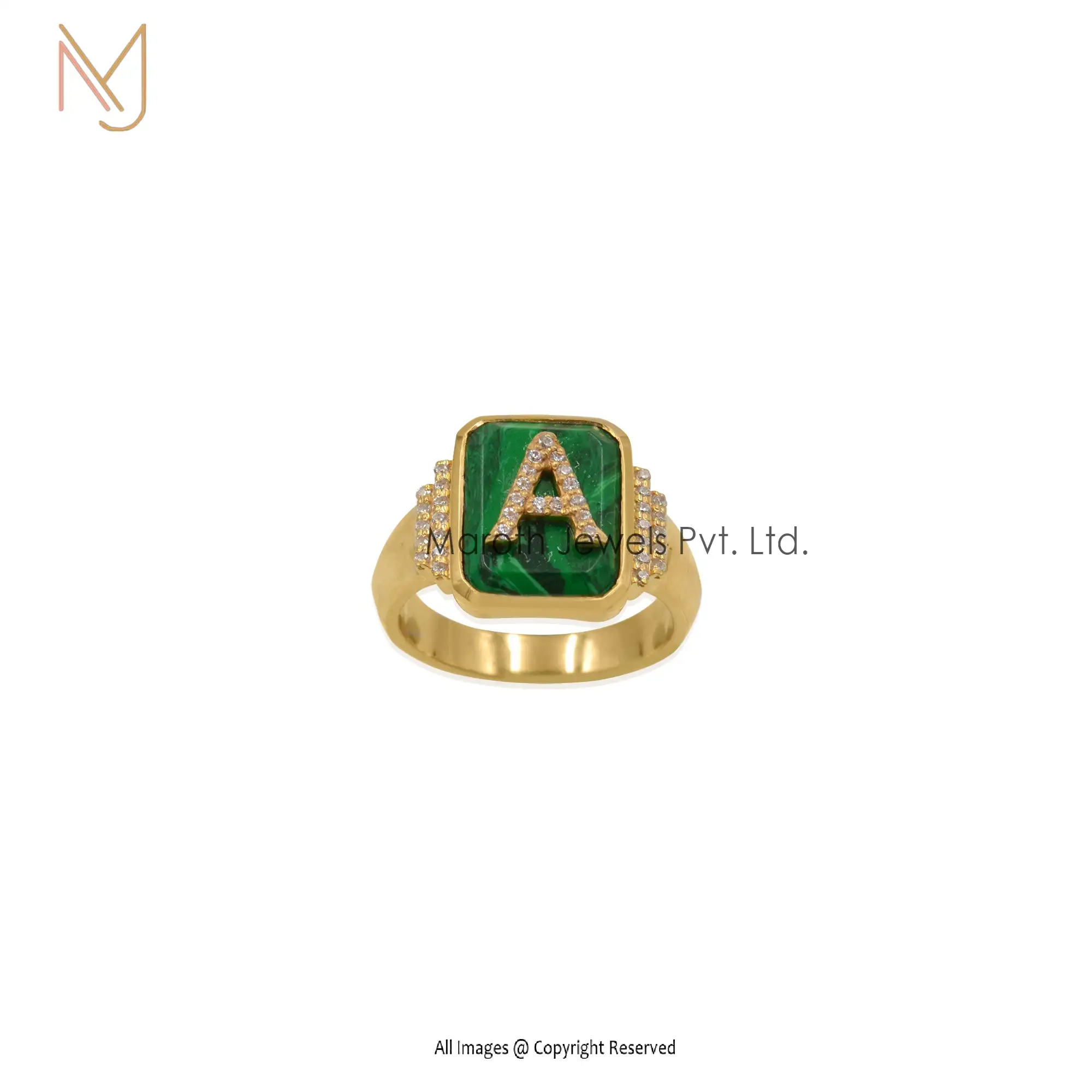 925 Silver Yellow Gold Malachite Square Signet Initial CZ Ring Jewelry Manufacturer