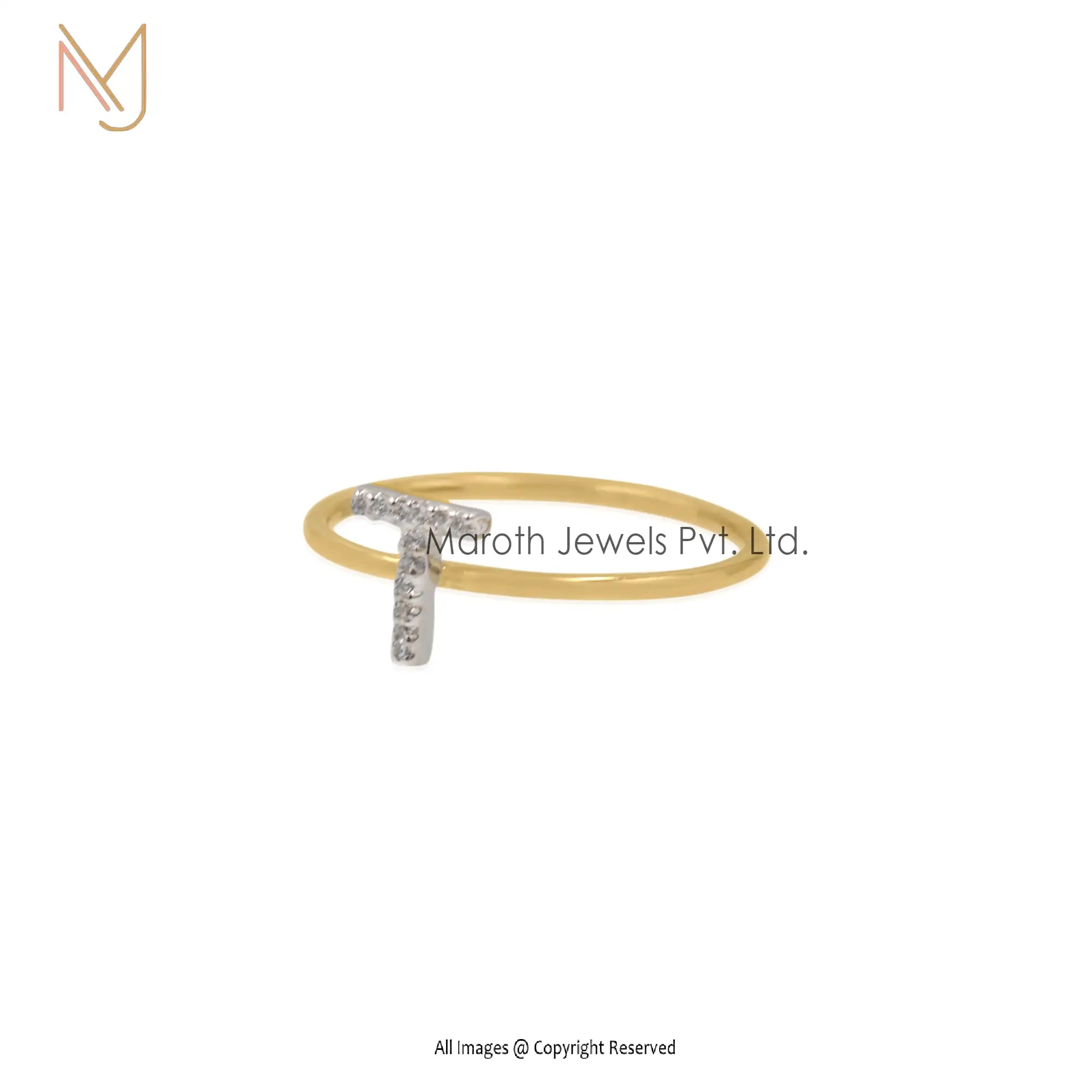 925 Silver Yellow Gold Plated Cubic Zircon T Letter Ring Manufacturer