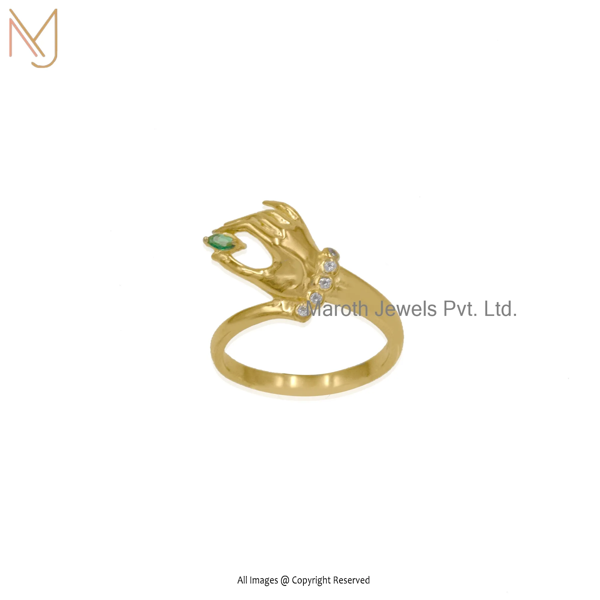 Wholesale 14K Yellow Gold Plated Green and White CZ Holding Stone Hand Ring