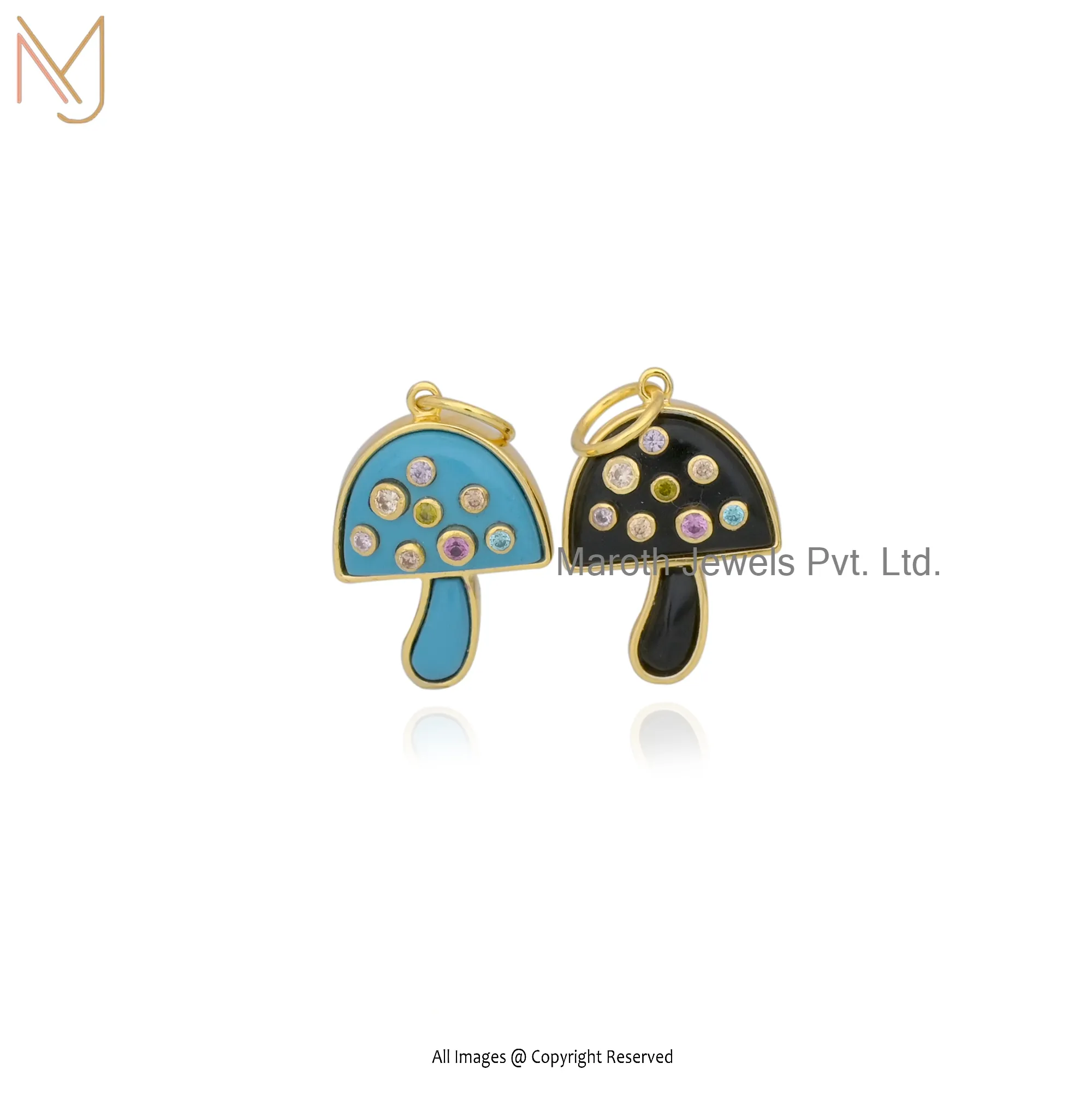 Wholesale 14K Yellow Gold Turquoise & Multi CZ Mushroom Pendant Jewelry