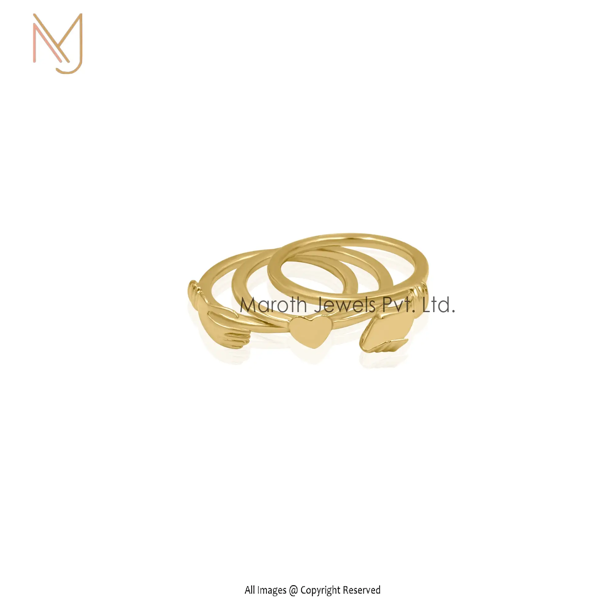 925 Silver Yellow Gold Heart Hand Band Ring Jewelry Supplier