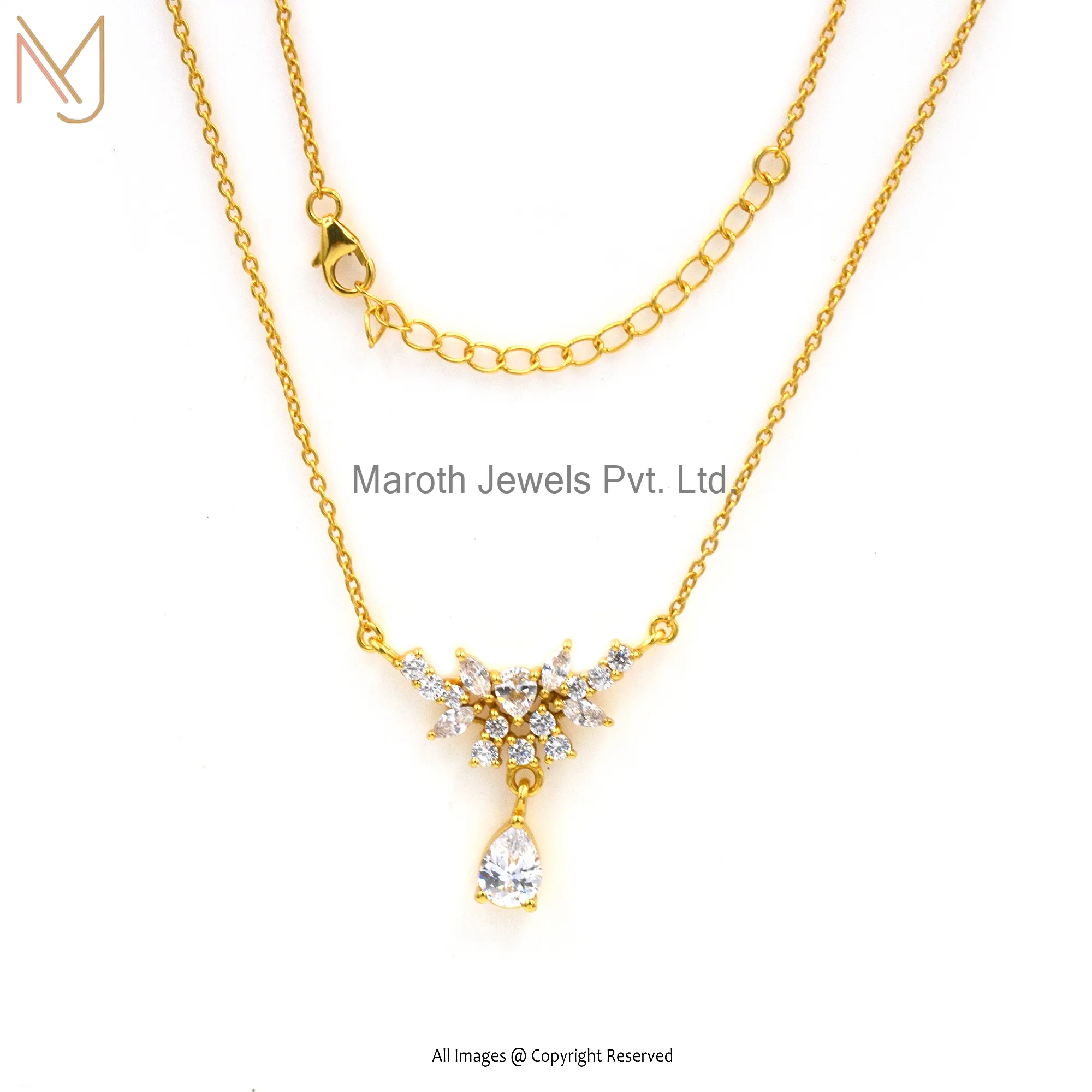 Wholesale 925 Silver Yellow Gold Plated Round and Leaf CZ Necklace