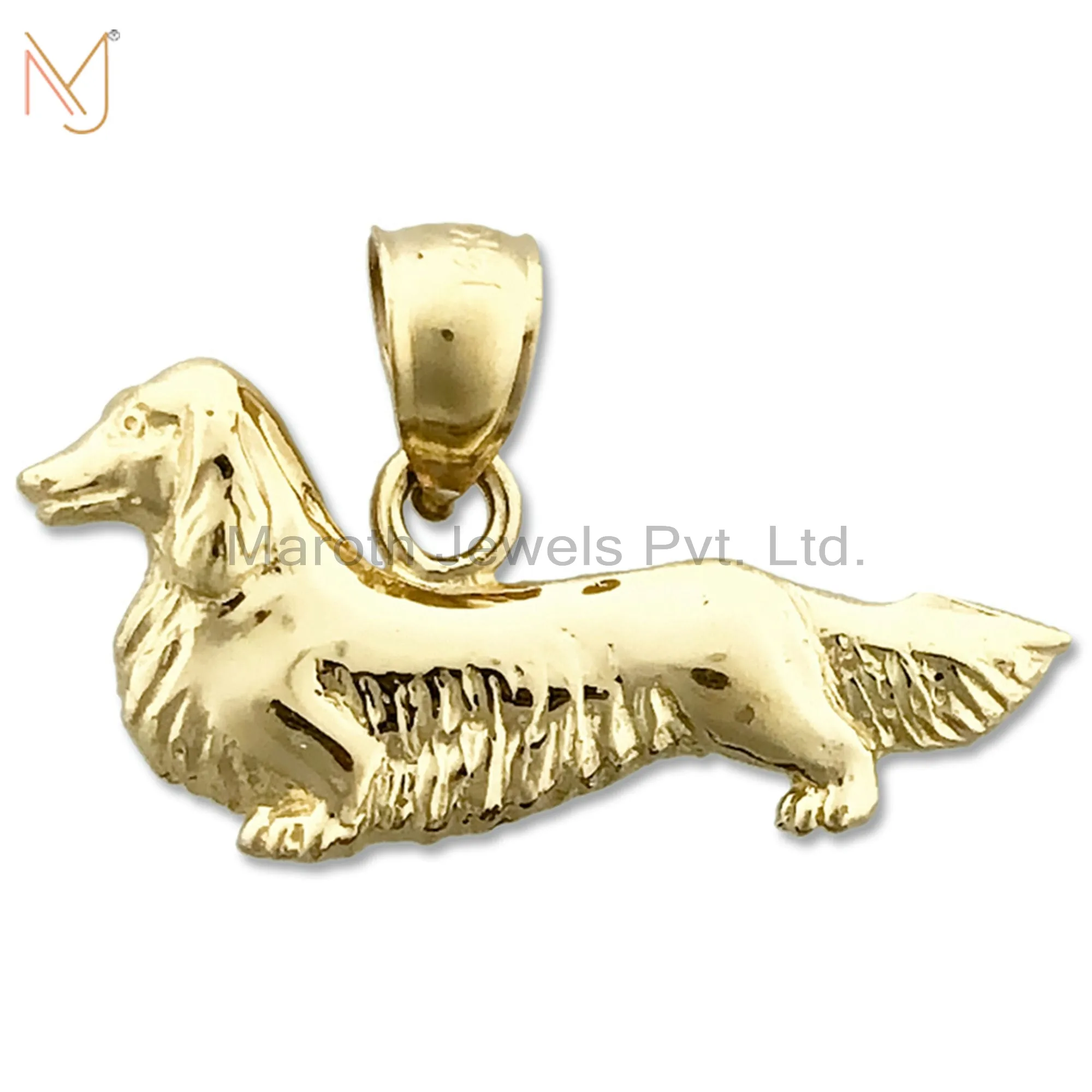 925 Sterling Silver Yellow Gold Plated Long Haired Dachshund Charm Pendant Custom Jewelry