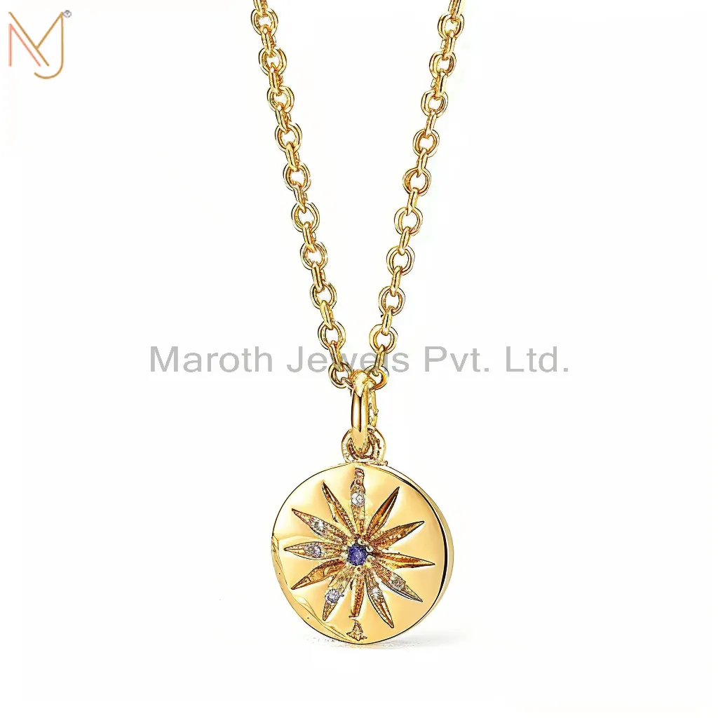 Wholesale 925 Sterling Silver Yellow Gold Plated Pruple CZ and Moissanite Round Shape Necklace