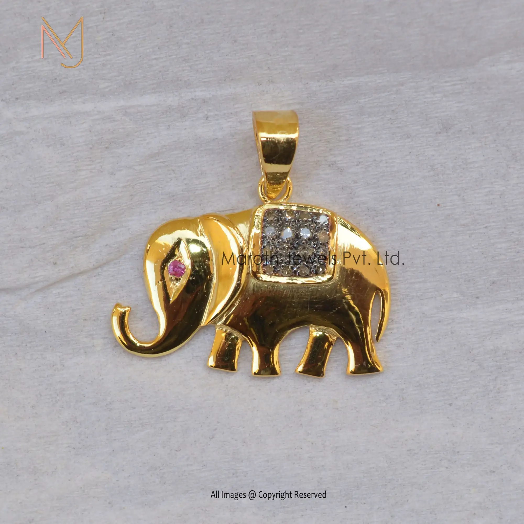 925 Silver Yellow Gold RH Pave Diamond & Pink Sapphire Gemstone  Elephant Design Pendant USA