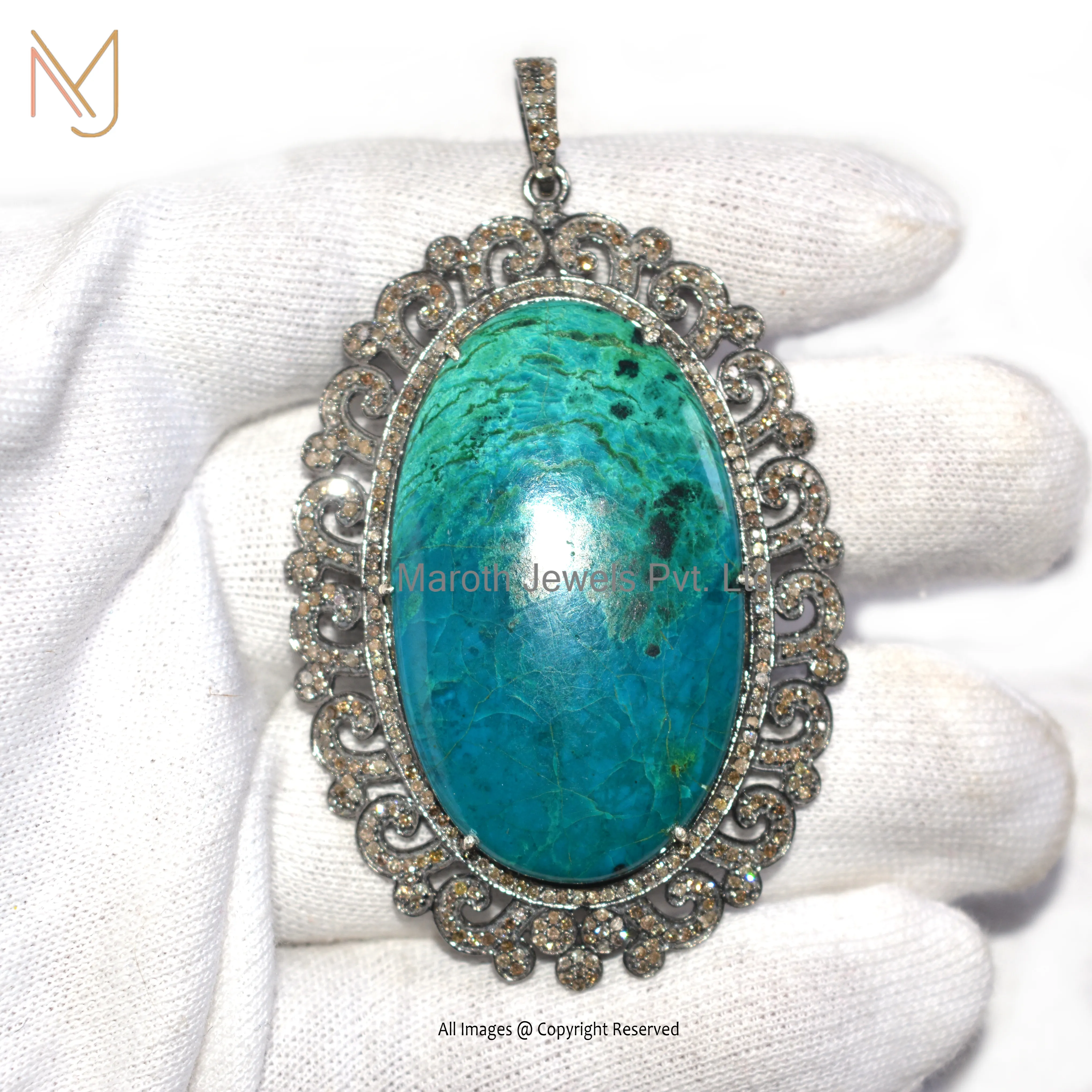 925 Silver Rhodium Chrysocolla Gemstone Pave Diamond Shell Pendant Jewelry Supplier