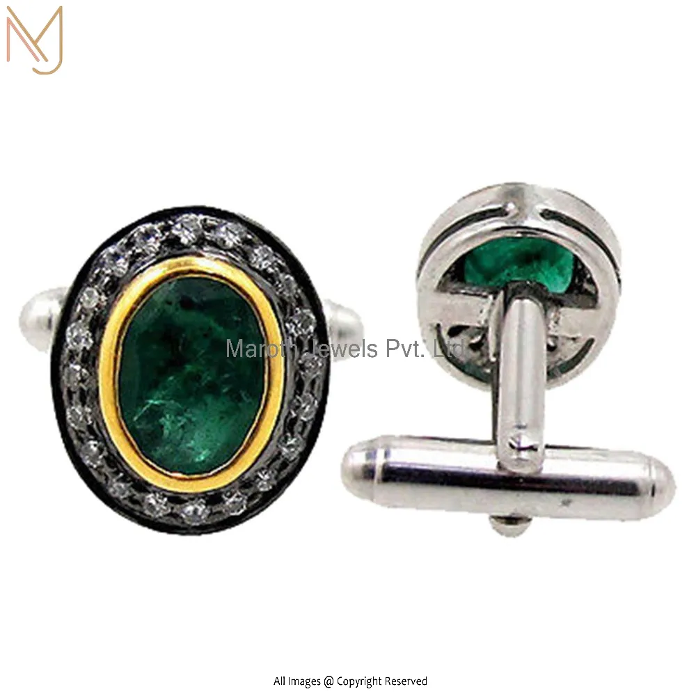 925 Sterling Silver  Pave Diamond Genuine Emerald Gemstone Cufflinks Jewelry Manufacturer