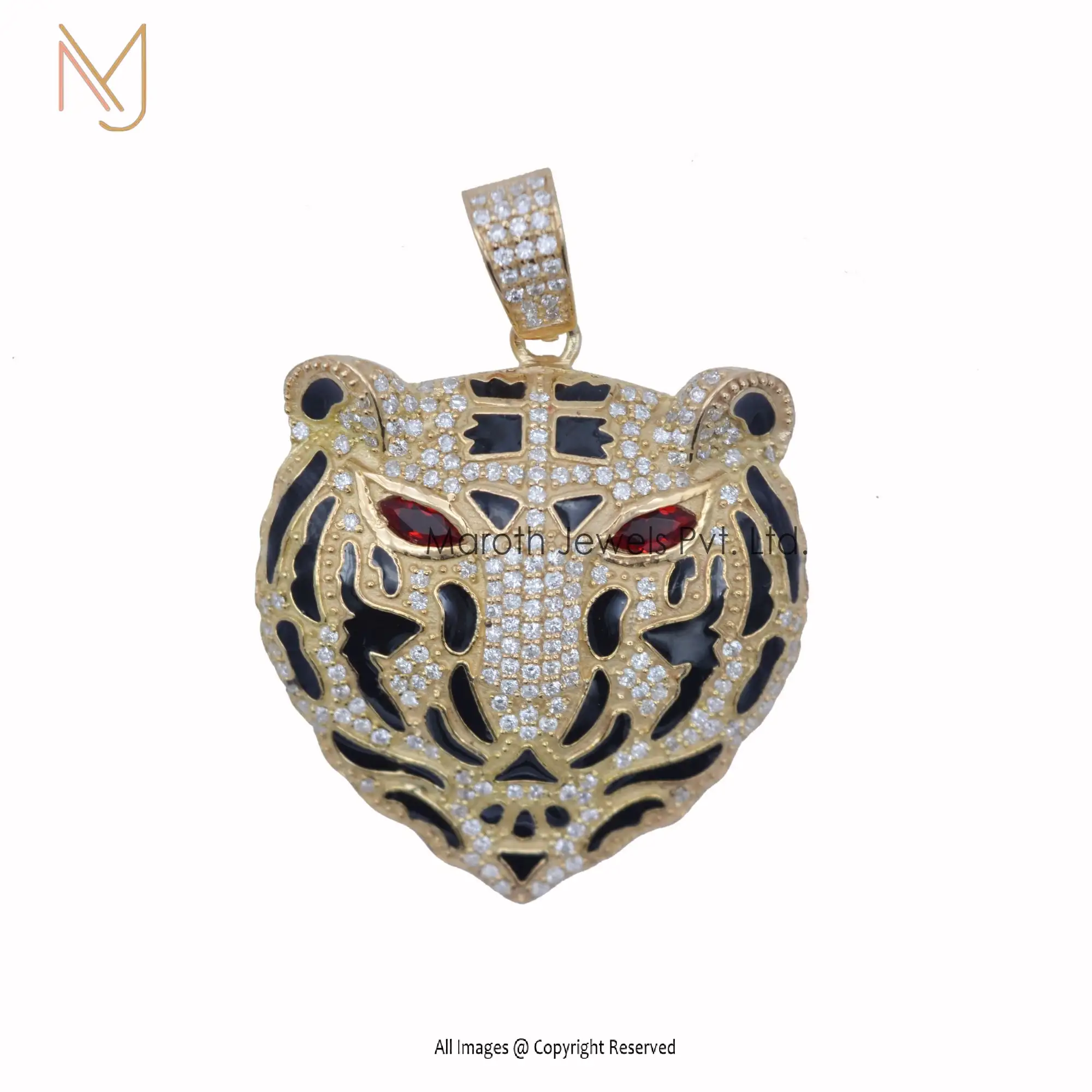 14K Solid Yellow Gold Pave Diamond & Garnet Gemstone Black Enamel Tiger Pendant Manufacturer